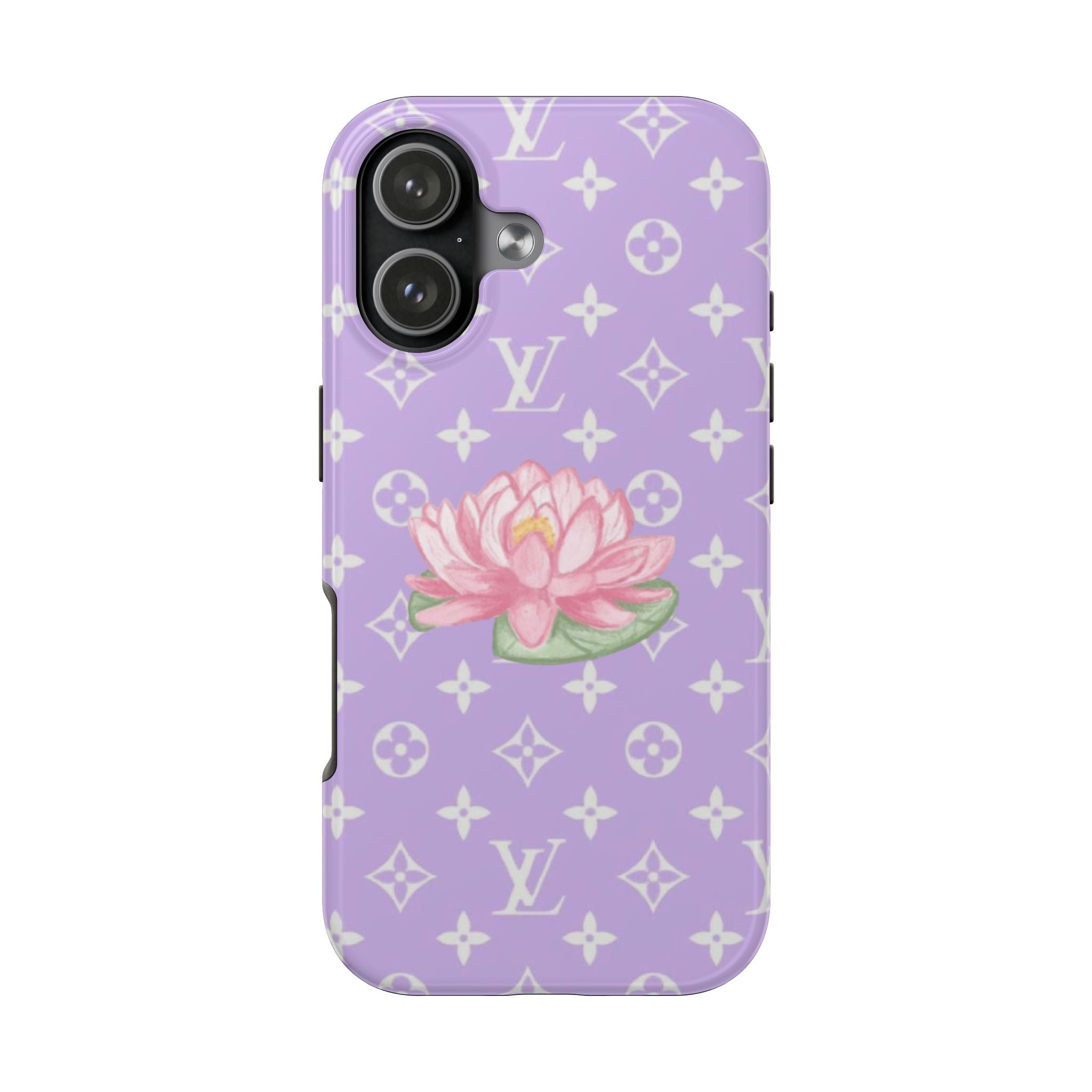 Purple phone case with pink lotus flower and scattered LV monogram symbols