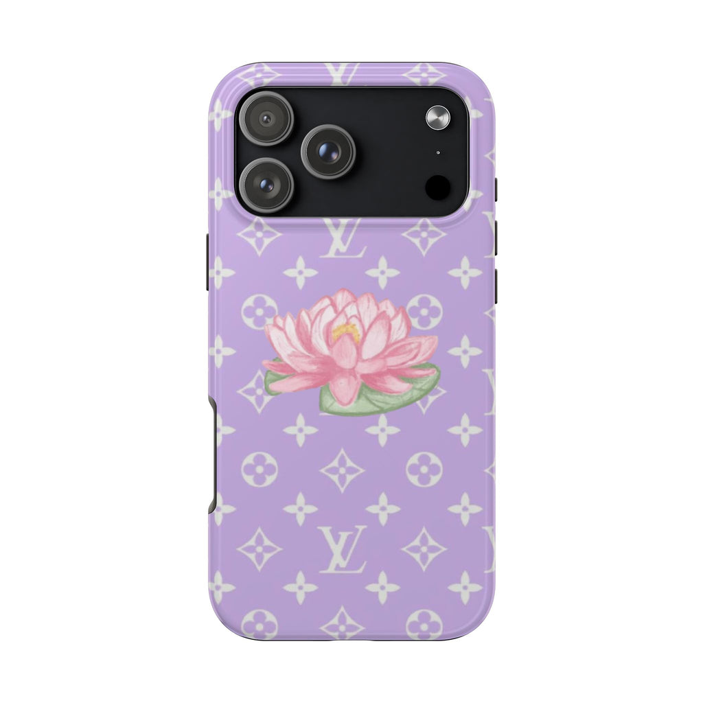 Purple phone case with pink lotus graphic, LV monogram icons, and camera cutouts
