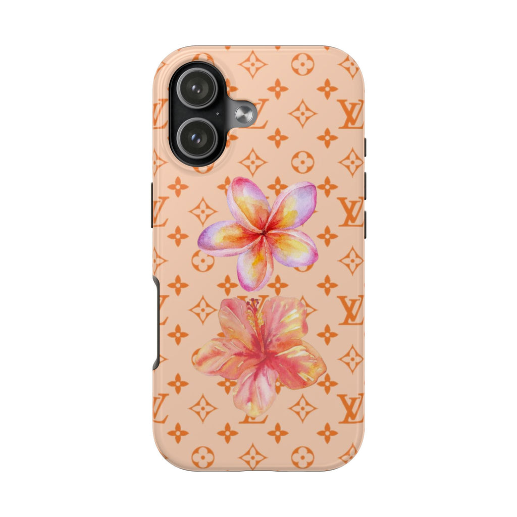 Peach orange phone case with hibiscus flowers and LV monogram pattern, dual camera cutout