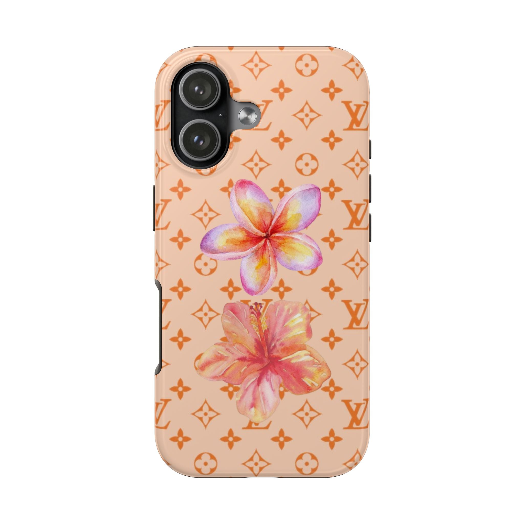 Peach orange phone case with hibiscus flowers and LV monogram pattern, dual camera cutout