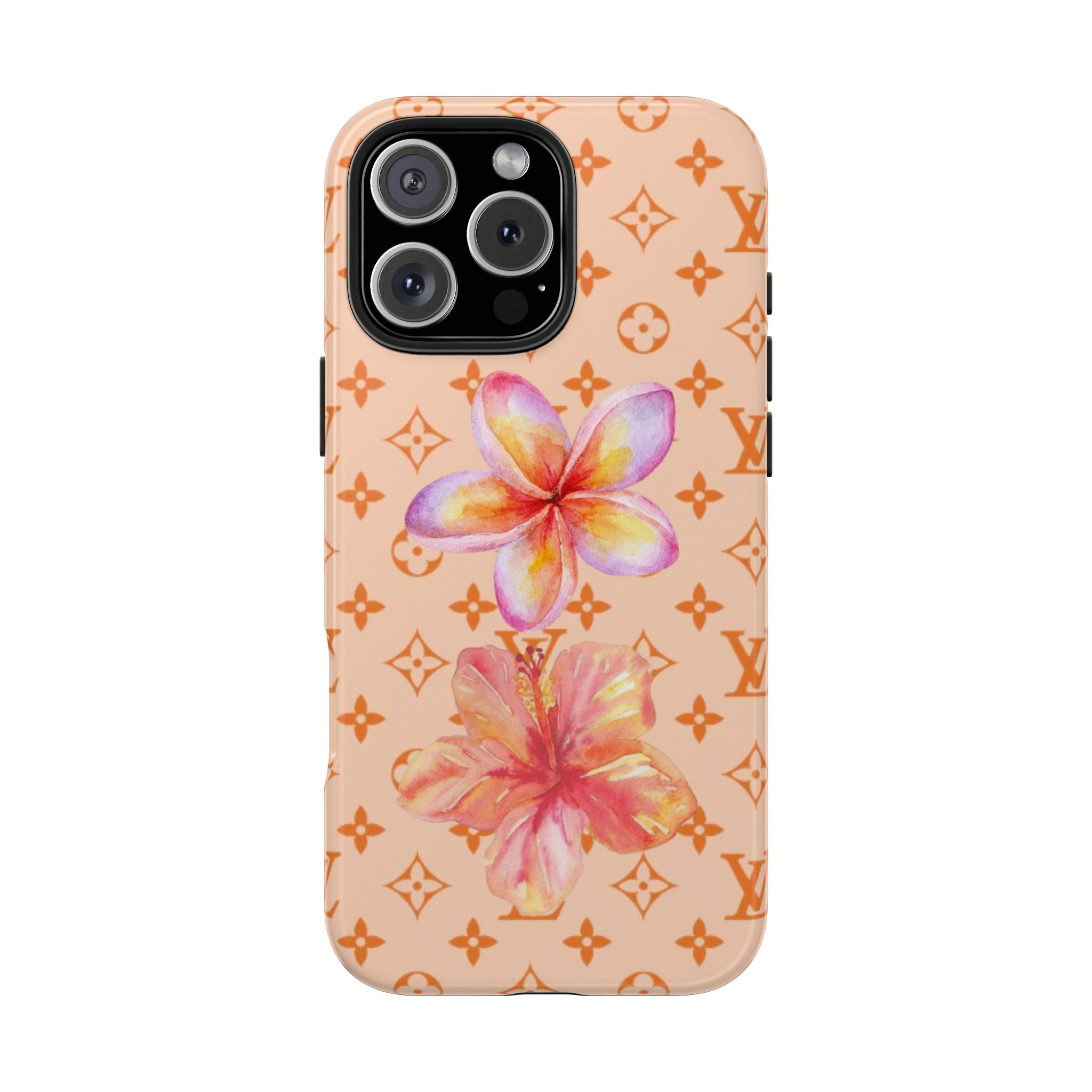 Peach orange phone case with hibiscus flowers and LV monogram pattern, camera cutout