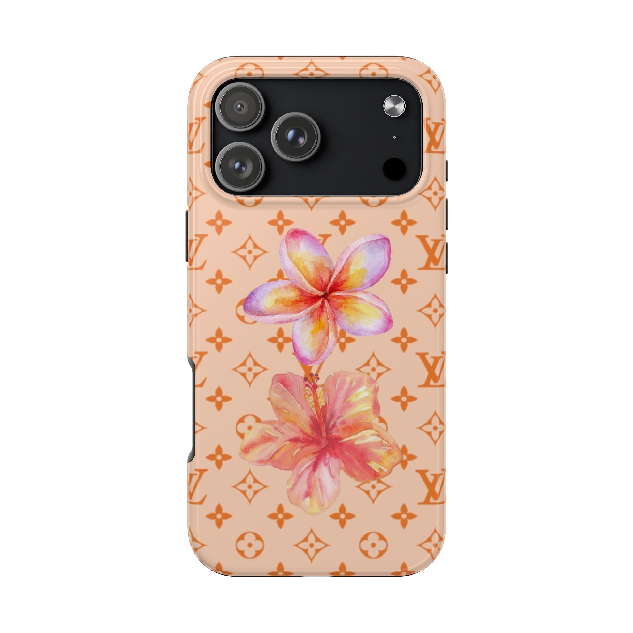 Peach orange phone case with hibiscus flowers and LV monogram pattern, single camera cutout