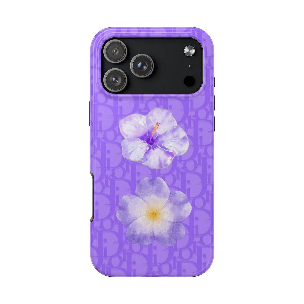 Purple Dior hibiscus floral phone case with monogram pattern and camera cutouts
