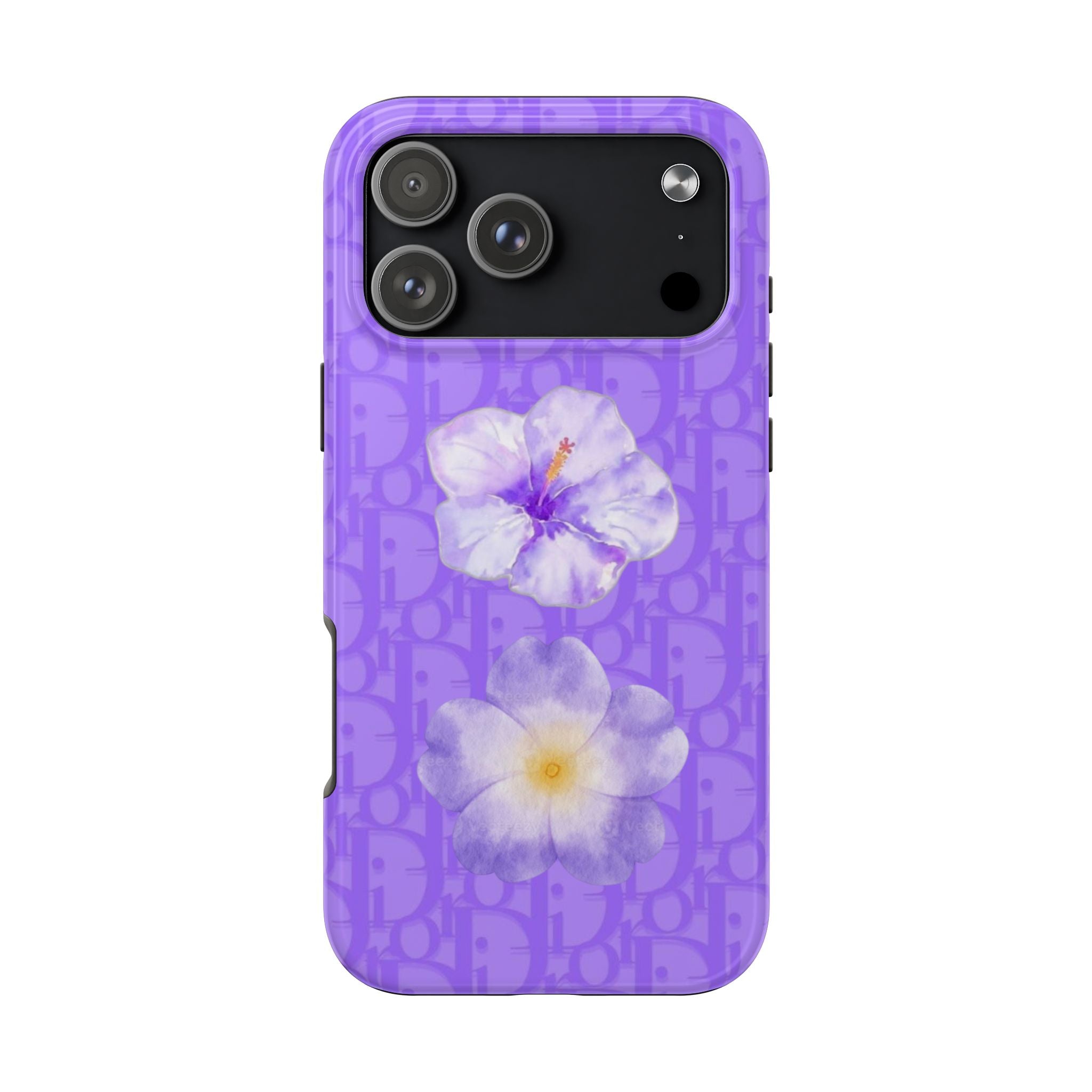 Purple Dior hibiscus floral phone case with monogram pattern and camera cutouts