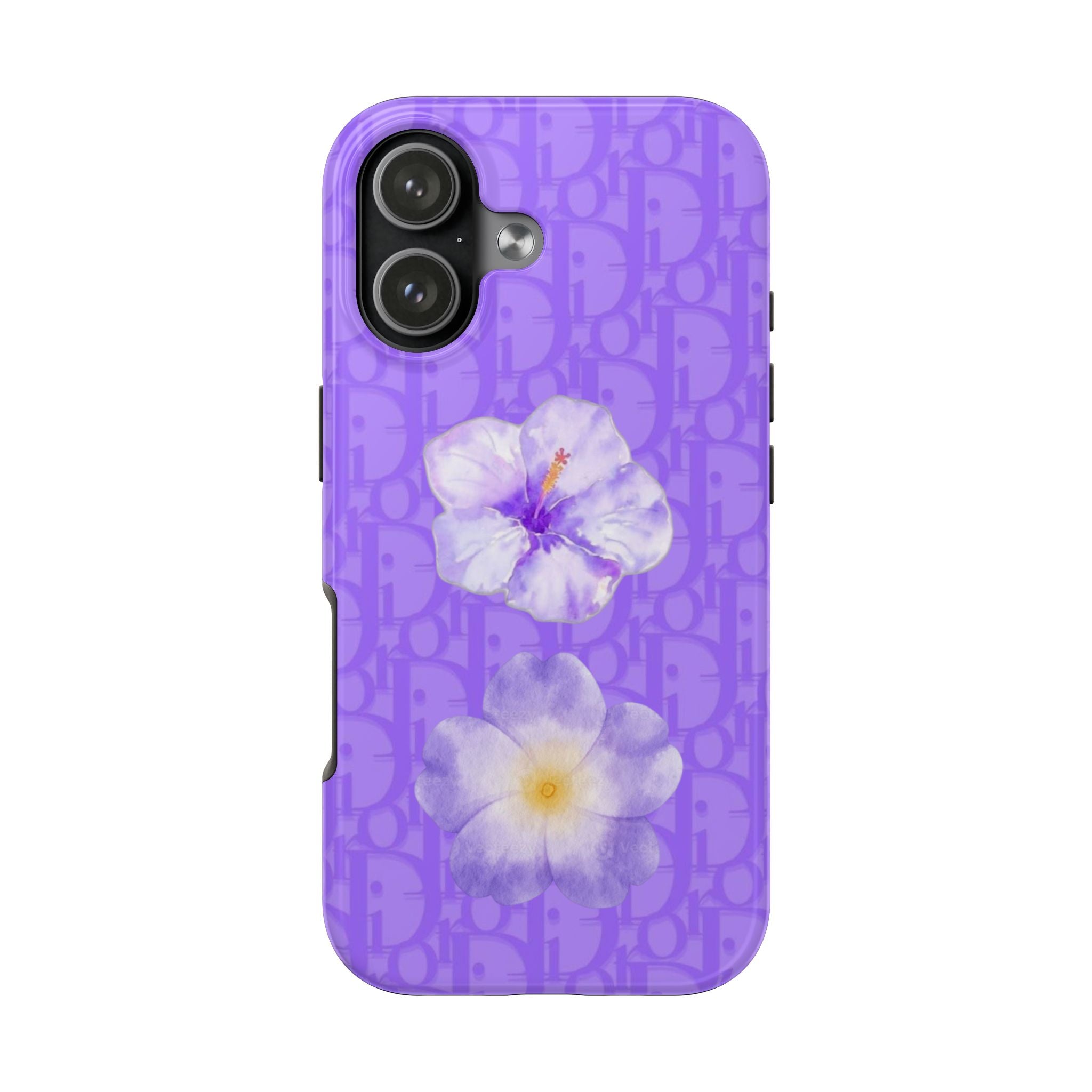 Purple Dior hibiscus floral phone case with monogram pattern and two flower designs