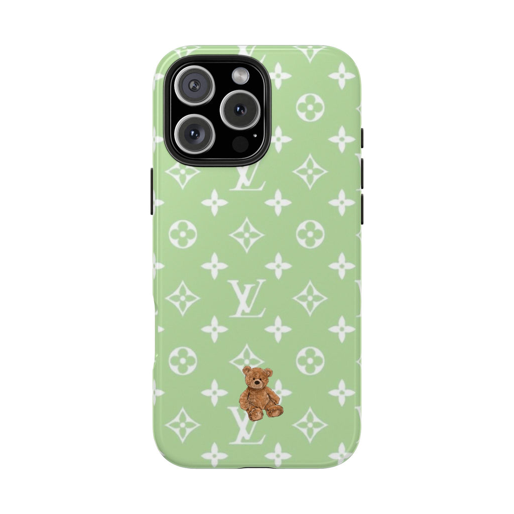 Green phone case with teddy bear graphic and white LV-style monogram pattern