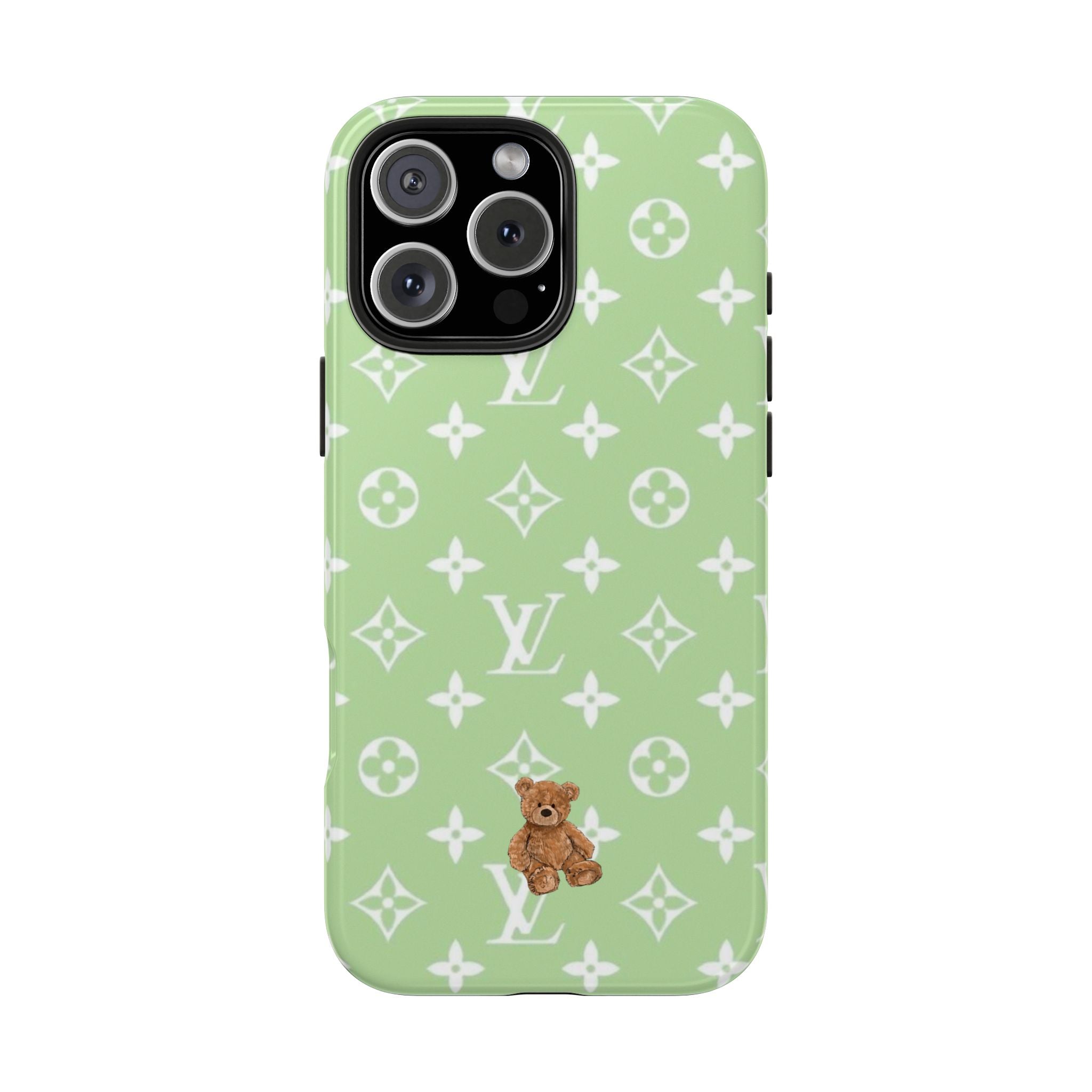 Green phone case with teddy bear graphic and white LV-style monogram pattern