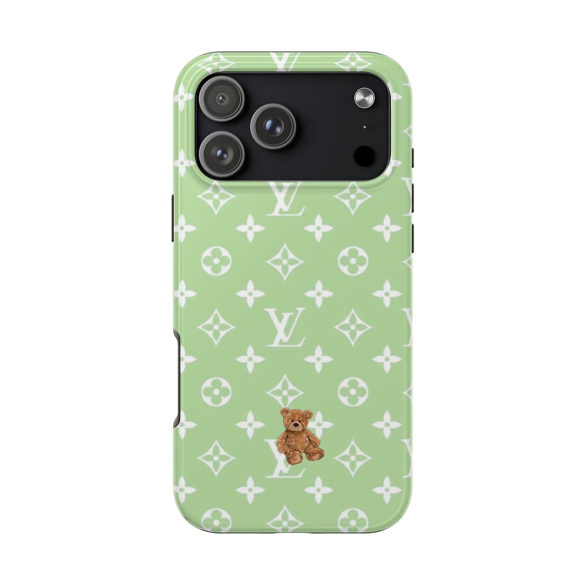 Green phone case with teddy bear and white LV-style monogram pattern, with camera cutout