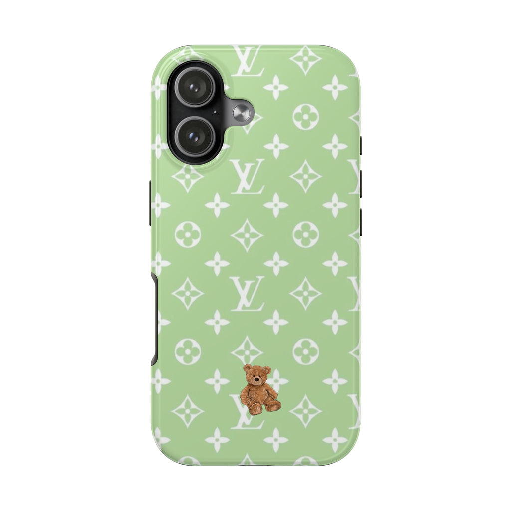 Green phone case with teddy bear graphic and scattered white LV-style monogram pattern
