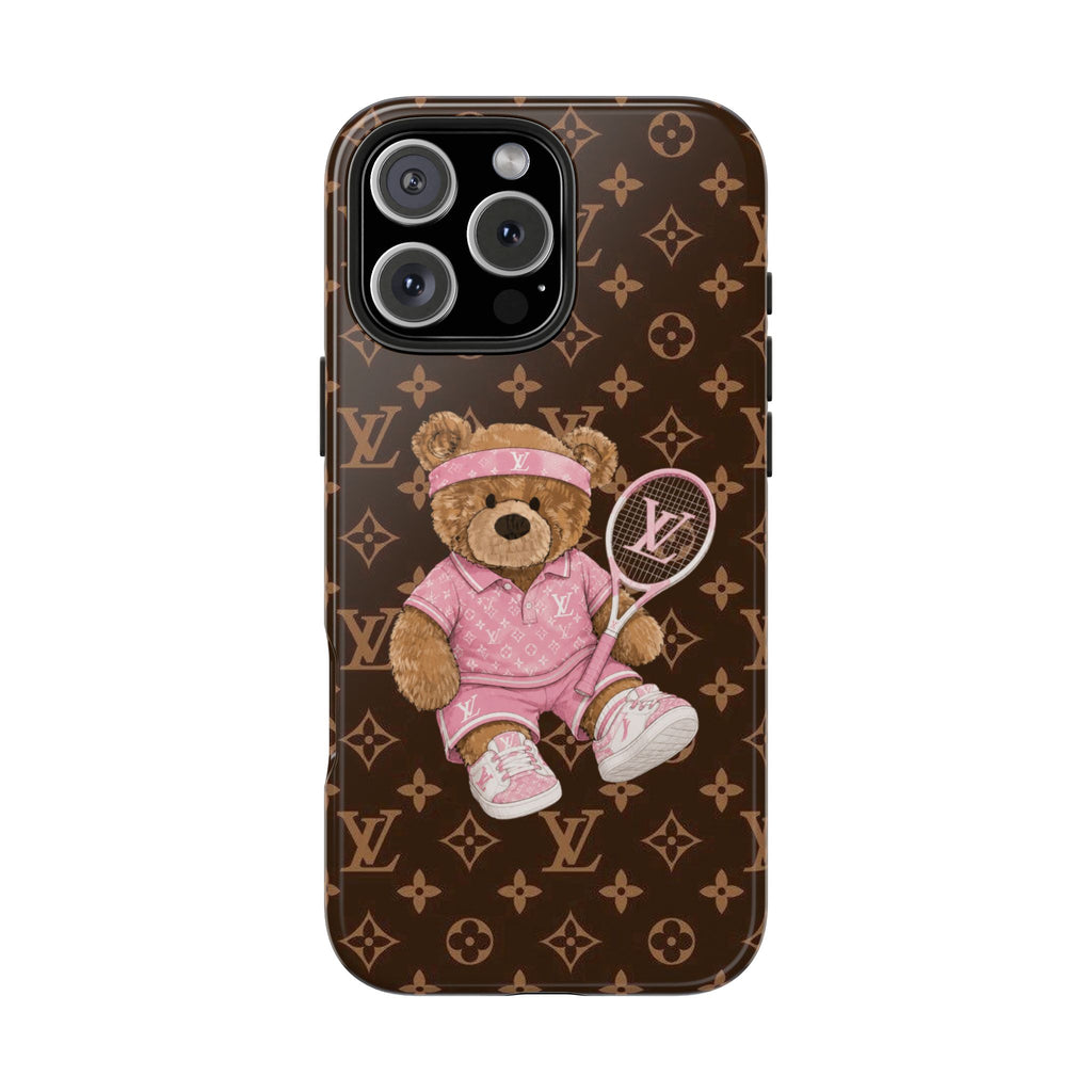 Phone case with LV monogram, teddy bear holding a pink tennis racket