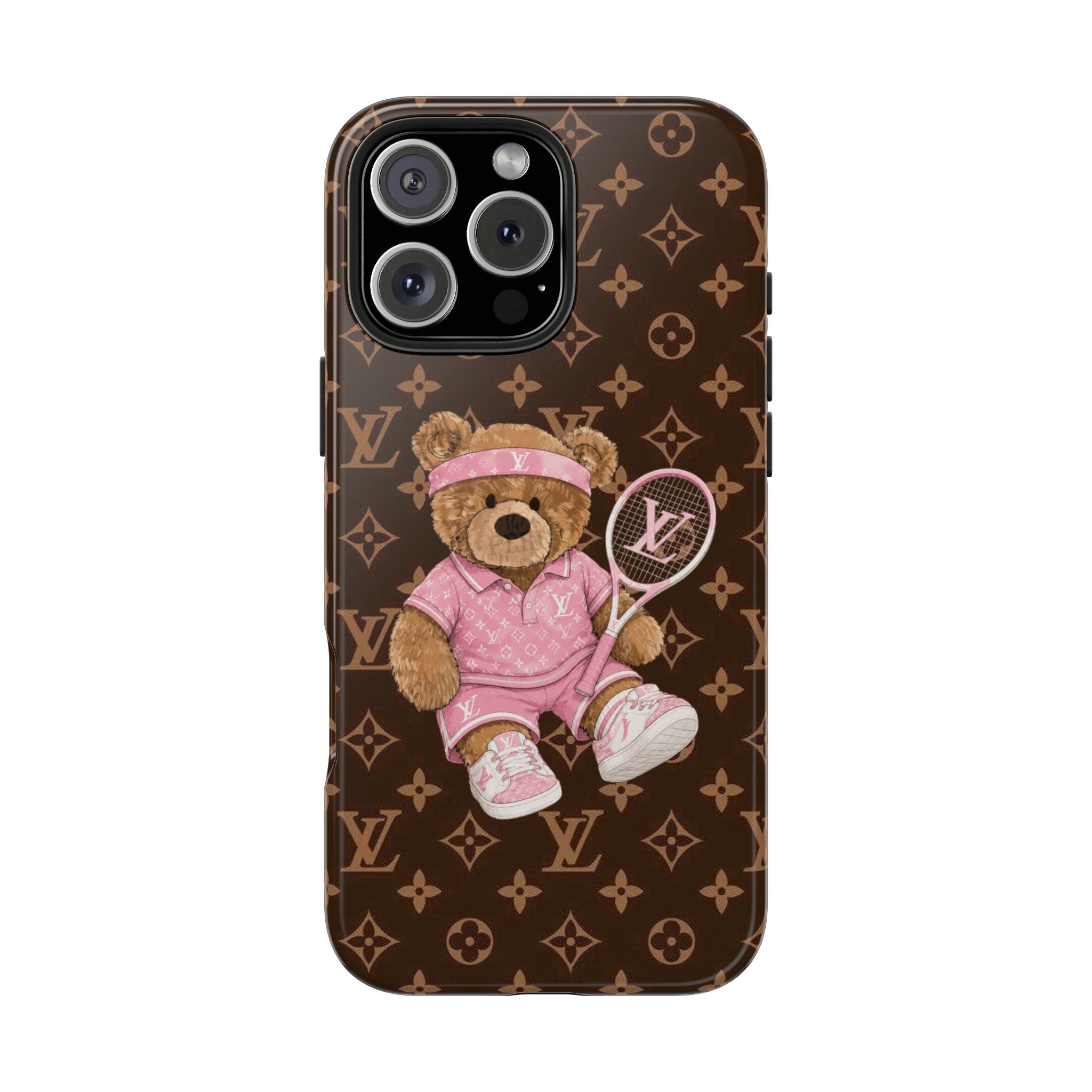 Phone case with LV monogram, teddy bear holding a pink tennis racket