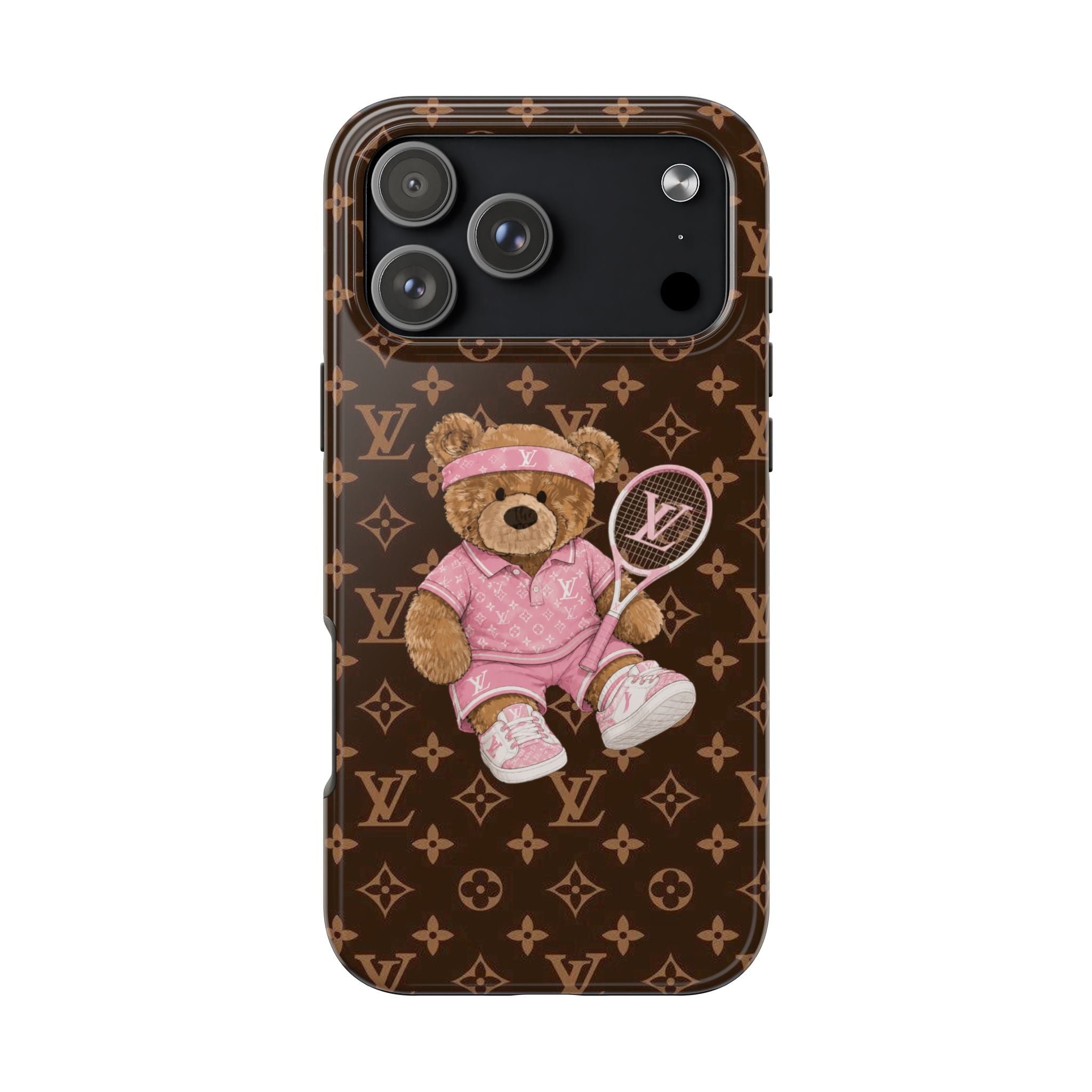 Phone case with LV monogram, pink tennis teddy bear in pink shirt