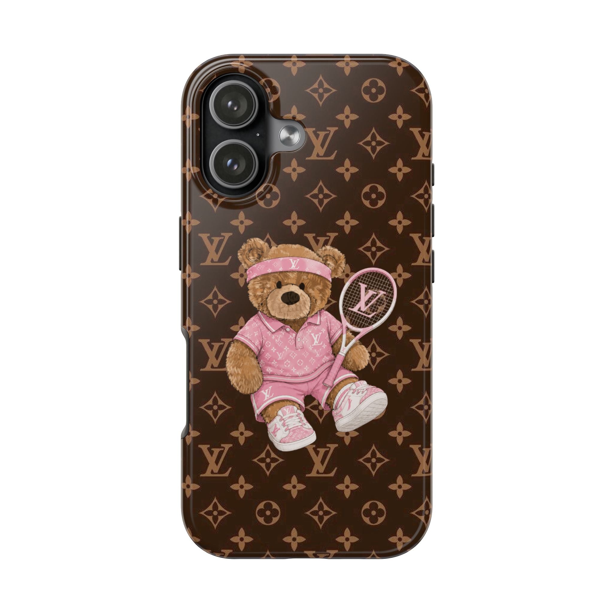 Phone case with LV monogram, teddy bear in pink tennis outfit and headband