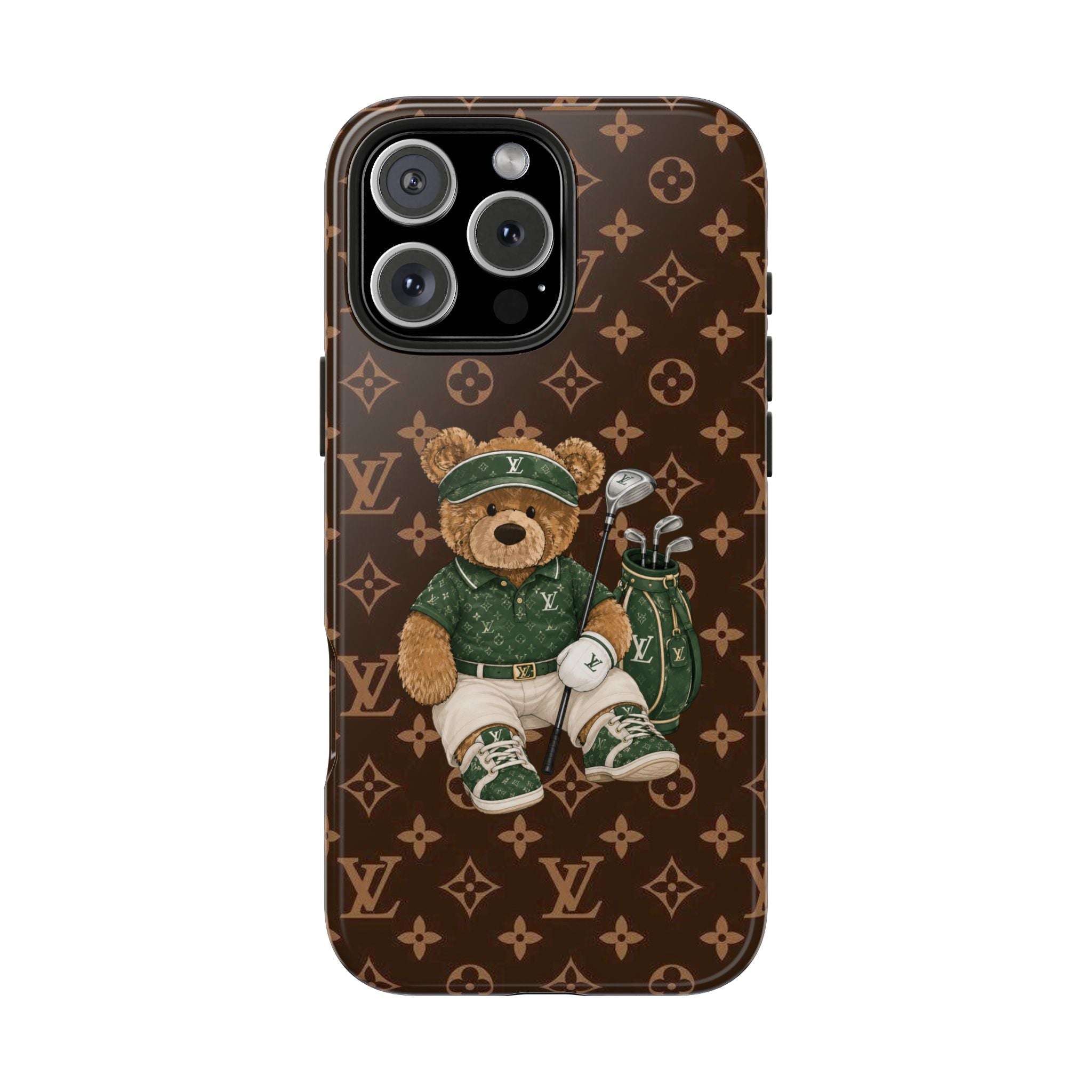 Brown LV golf teddy bear phone case with green cap, club, and golf bag; camera cutouts