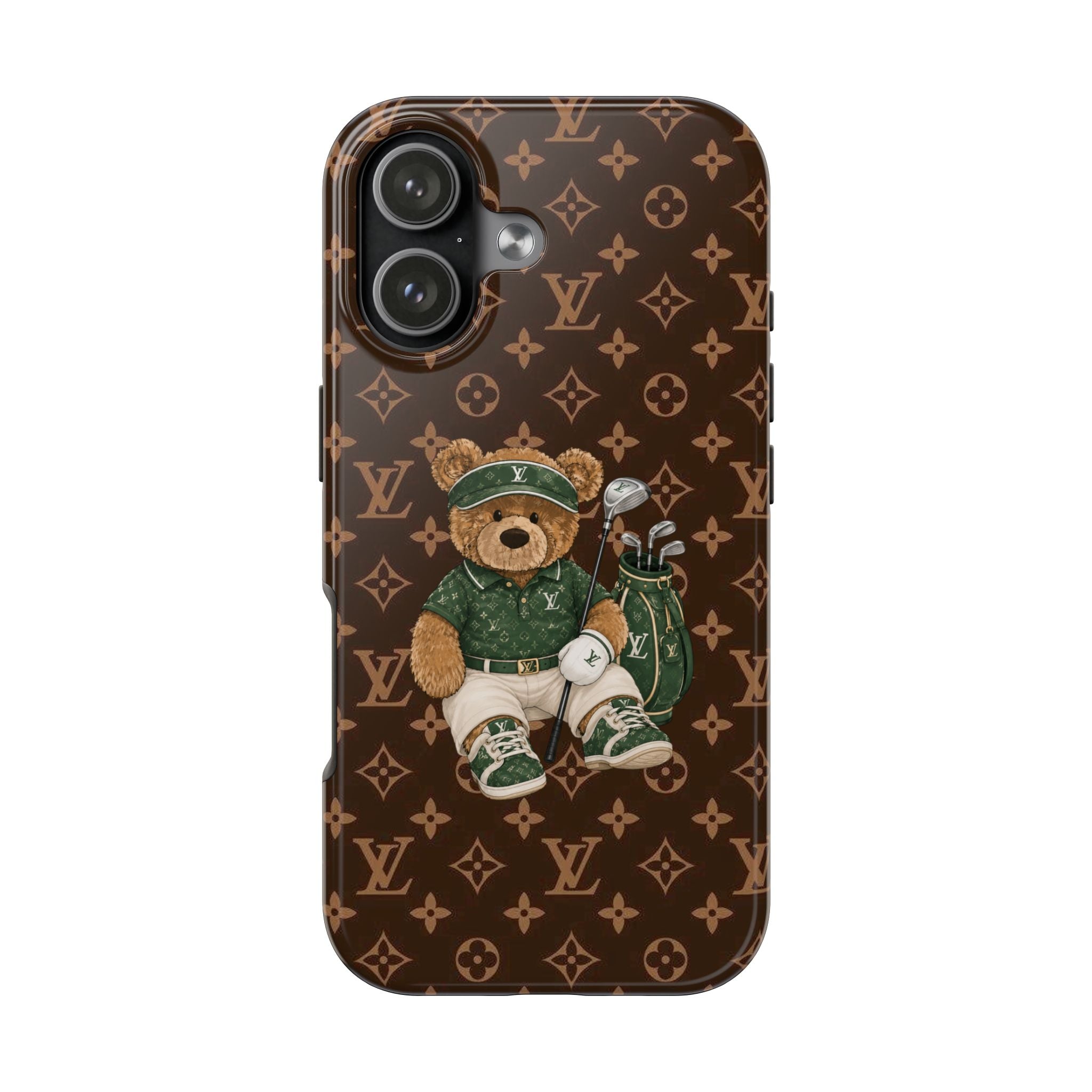 Brown LV golf teddy bear phone case with green shirt, cap, and clubs; camera openings