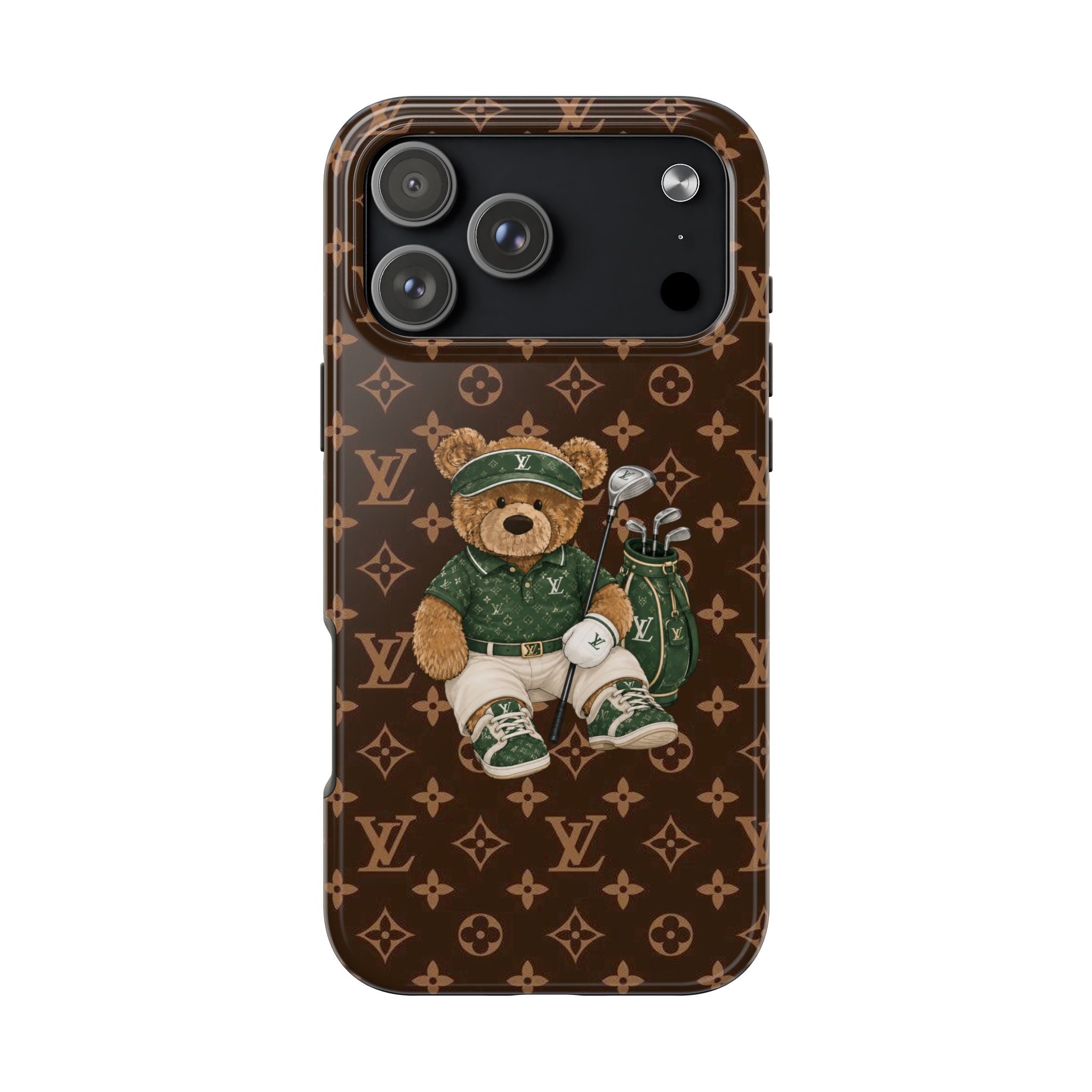 Brown LV golf teddy bear phone case, green cap and club graphic; camera cutouts