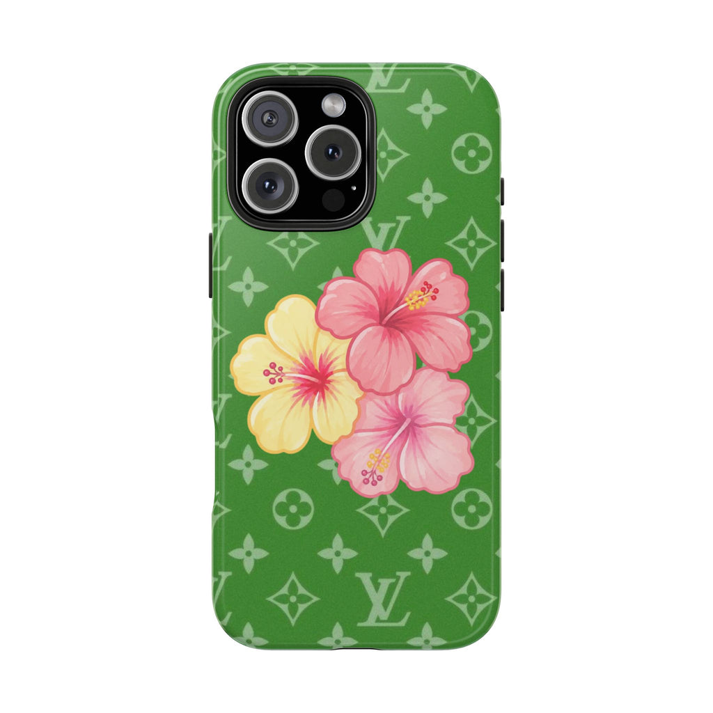 Green phone case with LV monogram pattern and pink tropical hibiscus flowers