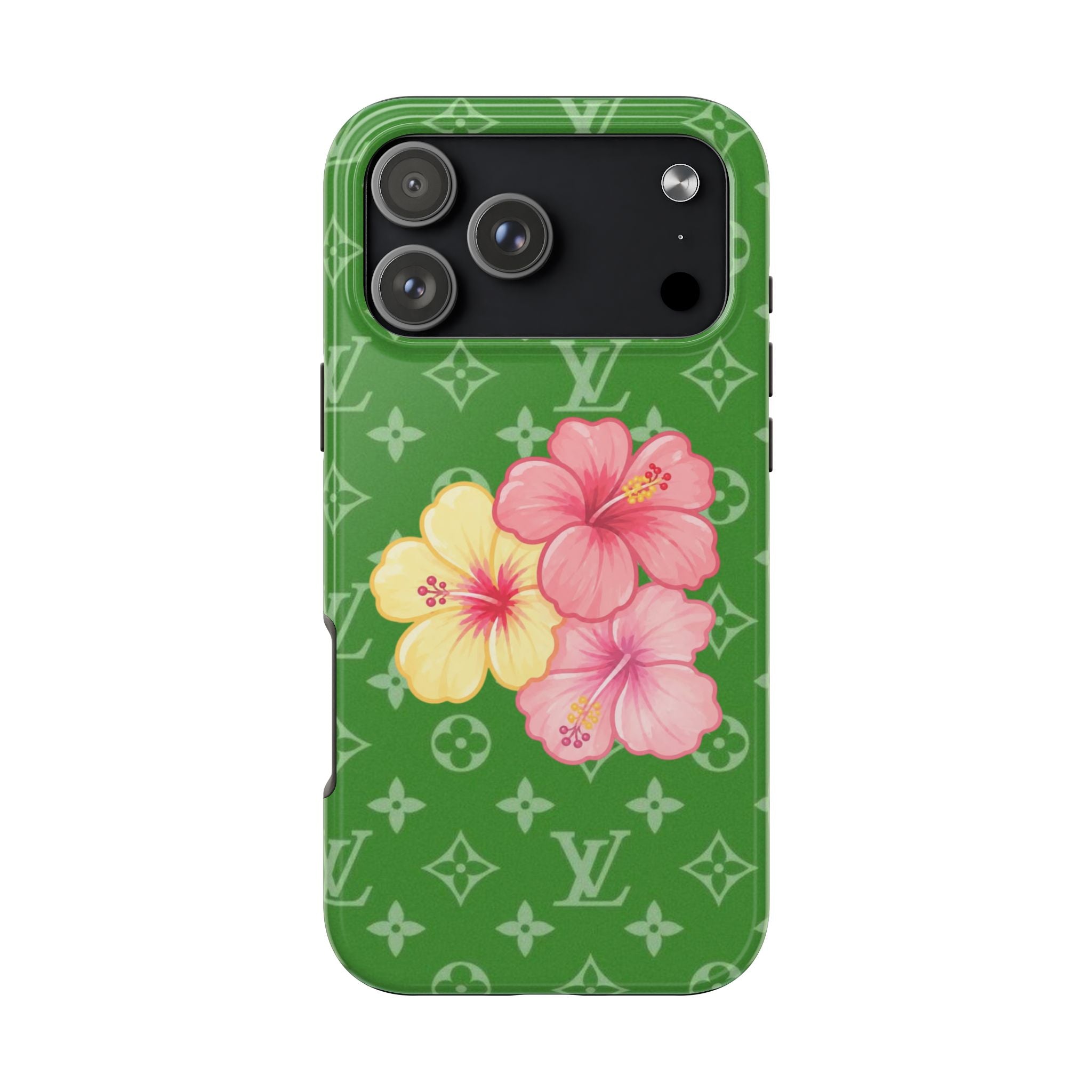Green phone case with LV monogram pattern and three hibiscus flowers on back