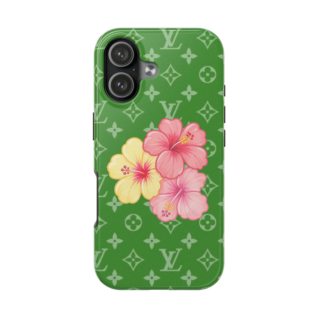 Green phone case with LV monogram pattern and pink and yellow hibiscus flowers