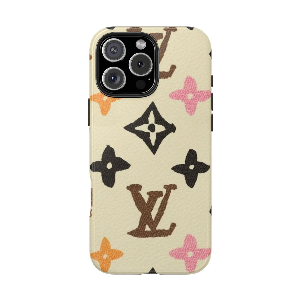 Beige phone case with multicolor LV monogram star pattern and front camera lens cutout