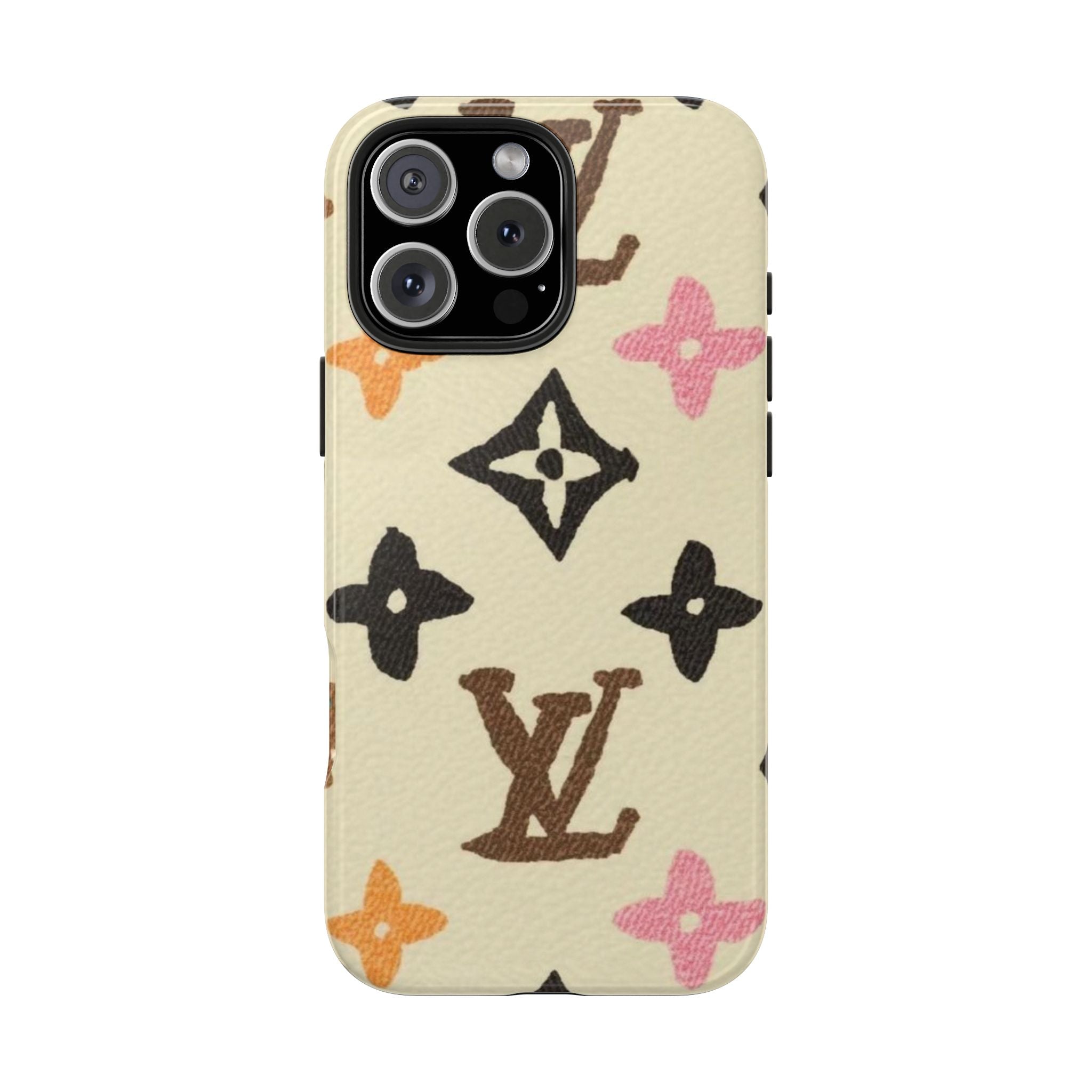 Beige phone case with multicolor LV monogram star pattern and front camera lens cutout