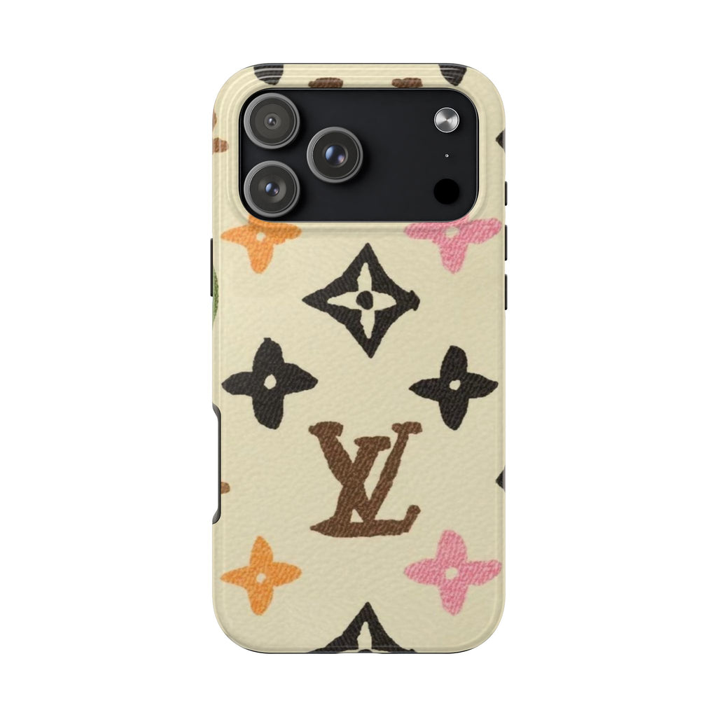 Beige phone case with LV-style multicolor monogram star pattern and dual camera cutouts