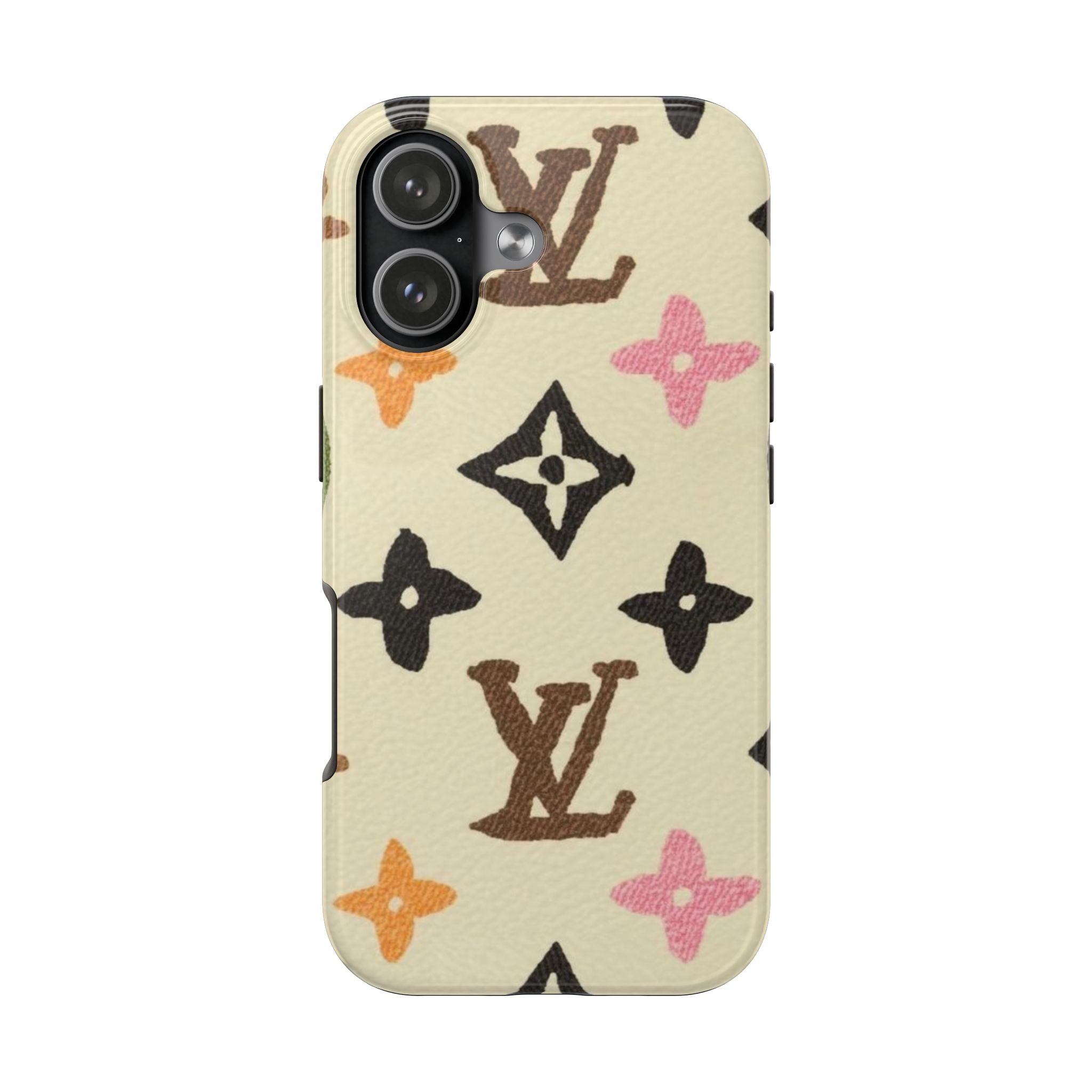 Beige phone case with LV-style multicolor monogram star pattern and camera cutout