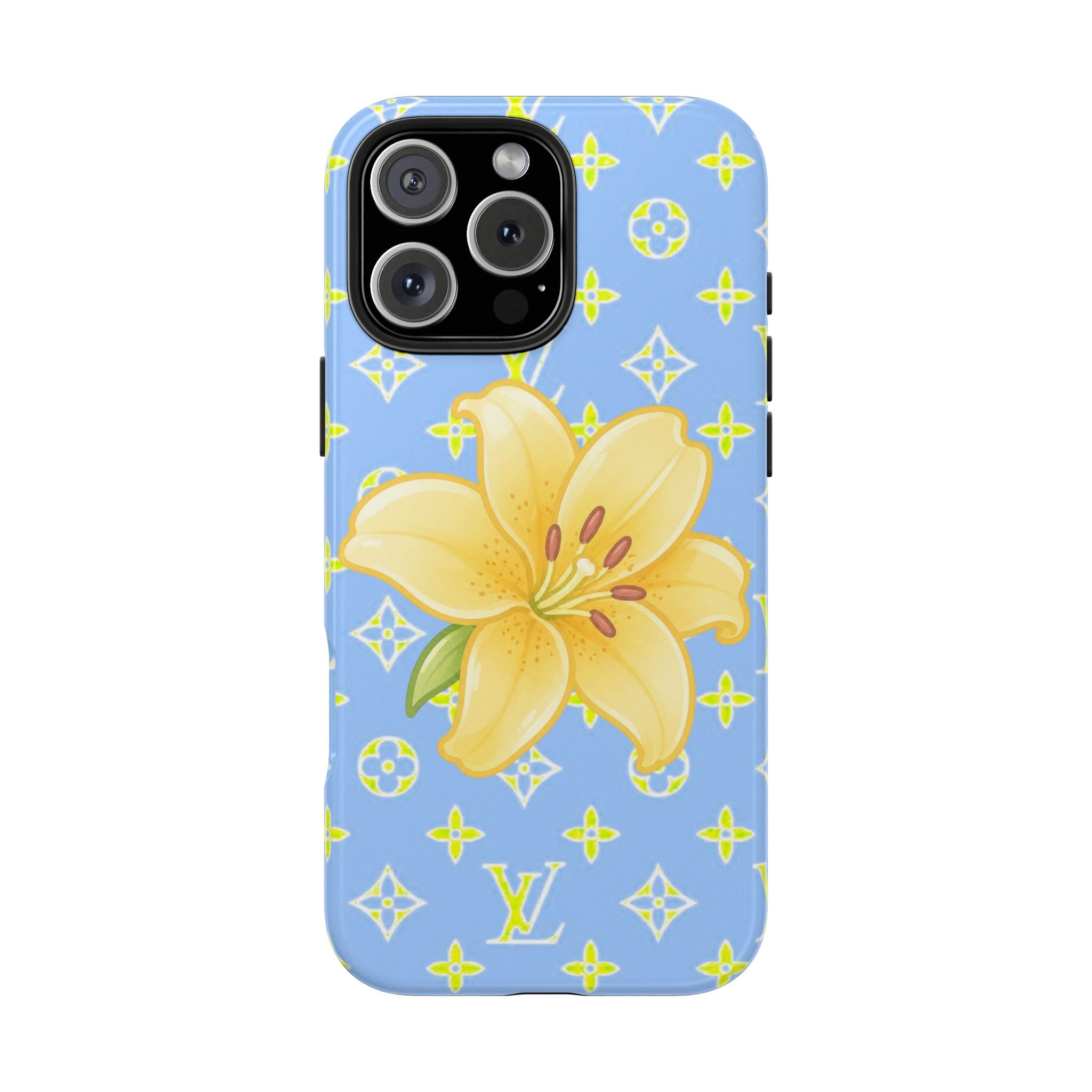 Blue phone case with yellow lily print and LV monogram icons, with camera cutouts.