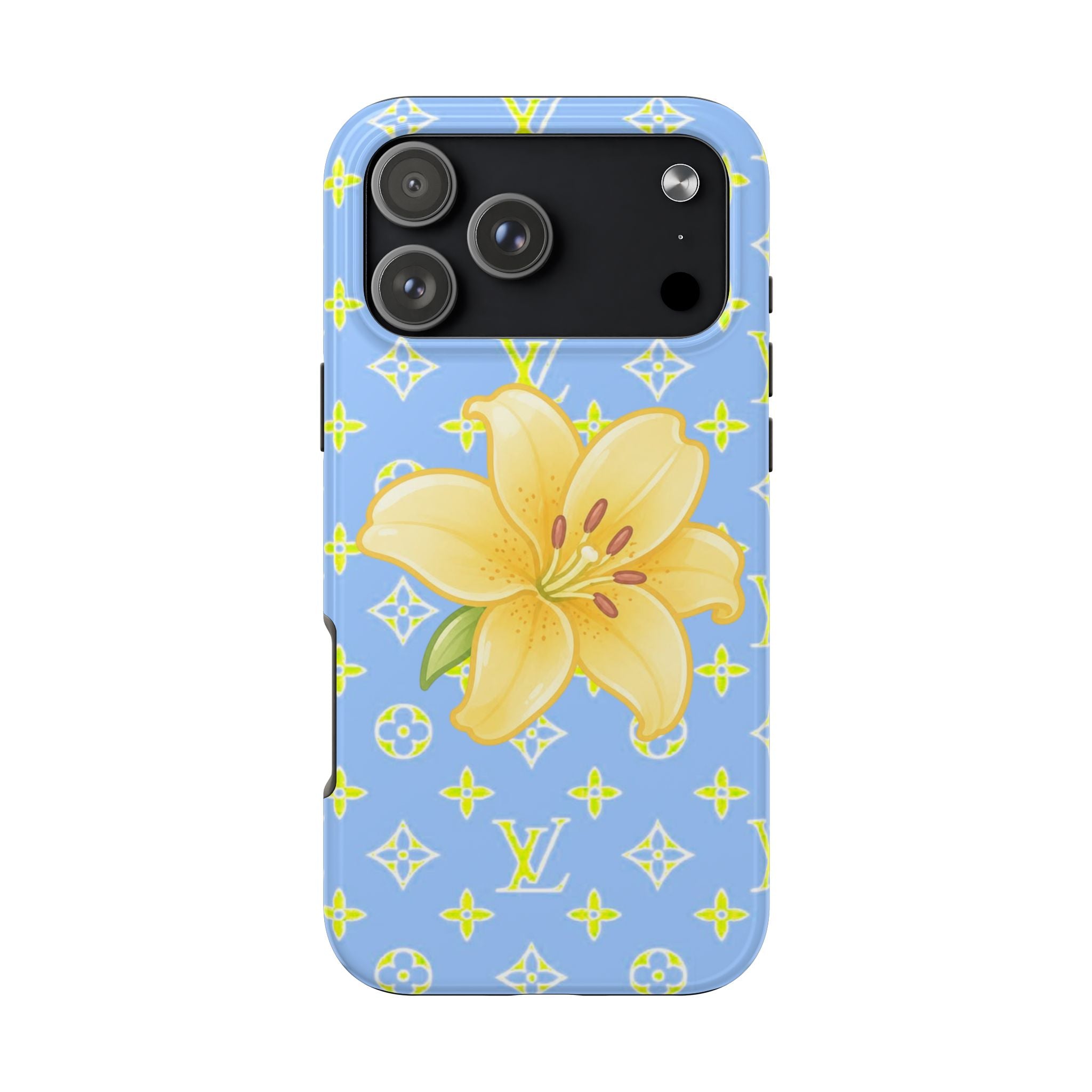 Blue phone case with yellow lily motif and small LV-style icons, showing camera cutouts.