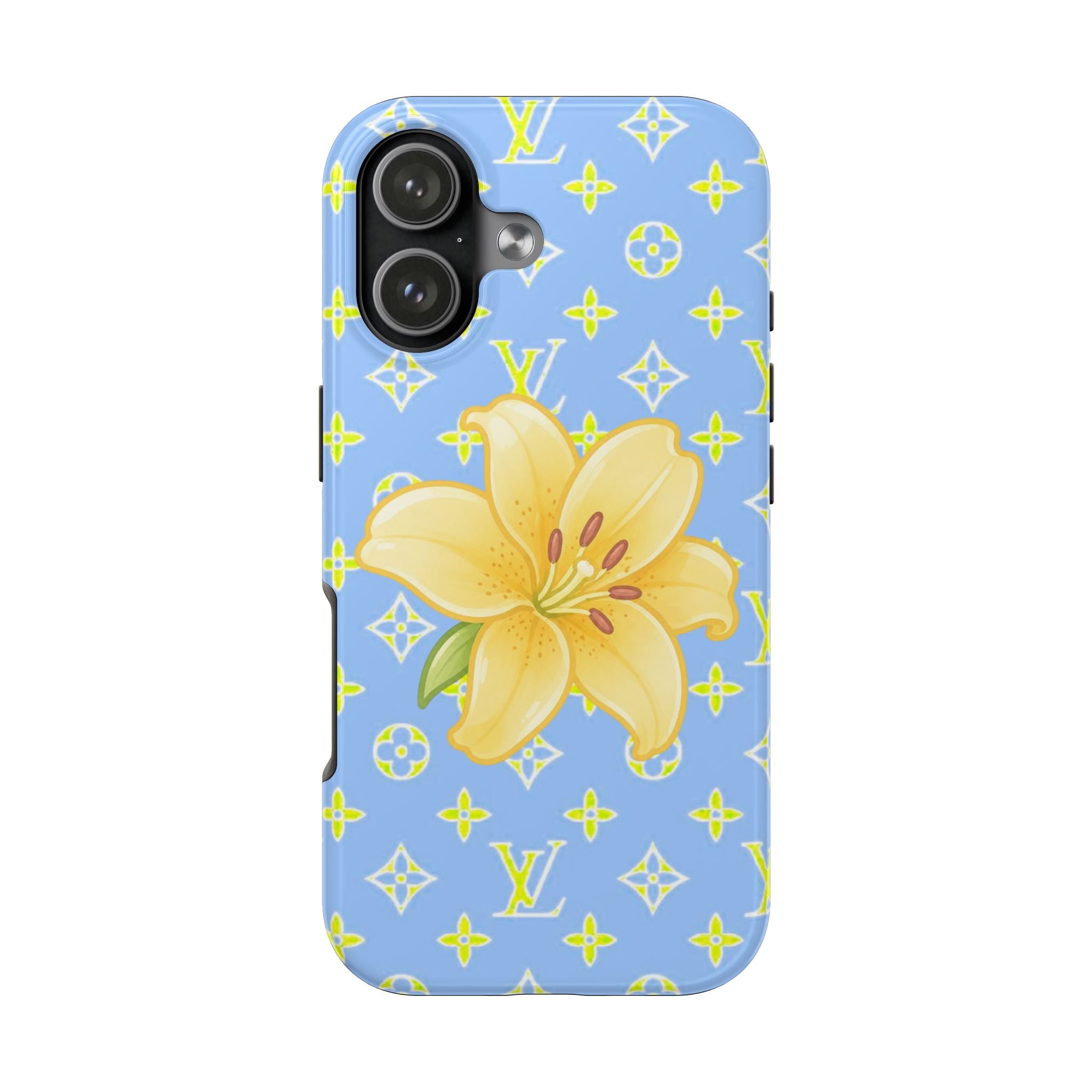 Blue phone case with yellow lily and repeating LV pattern, camera openings with silver rings.