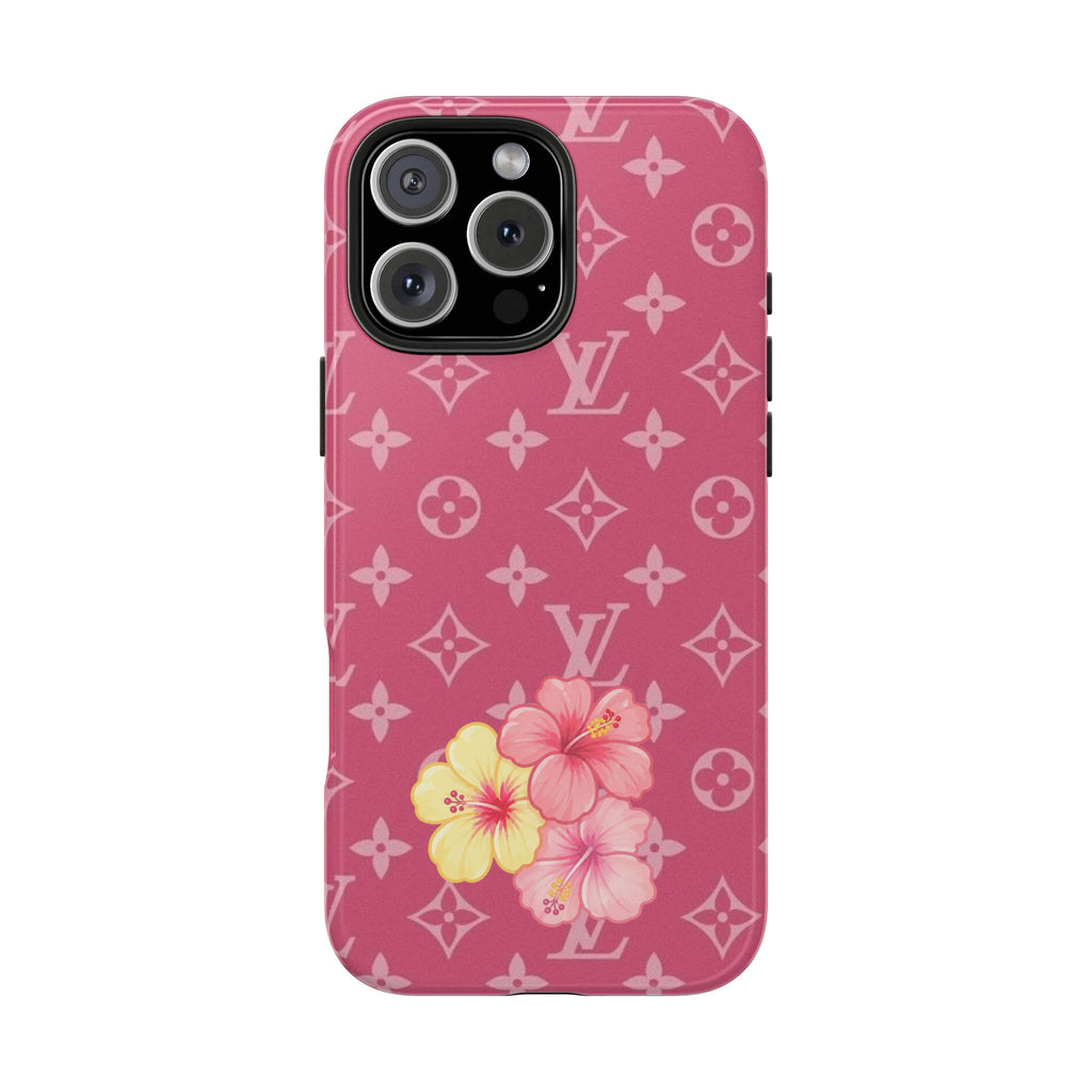 Pink LV monogram hibiscus phone case with camera and flash cutouts, flowers at bottom