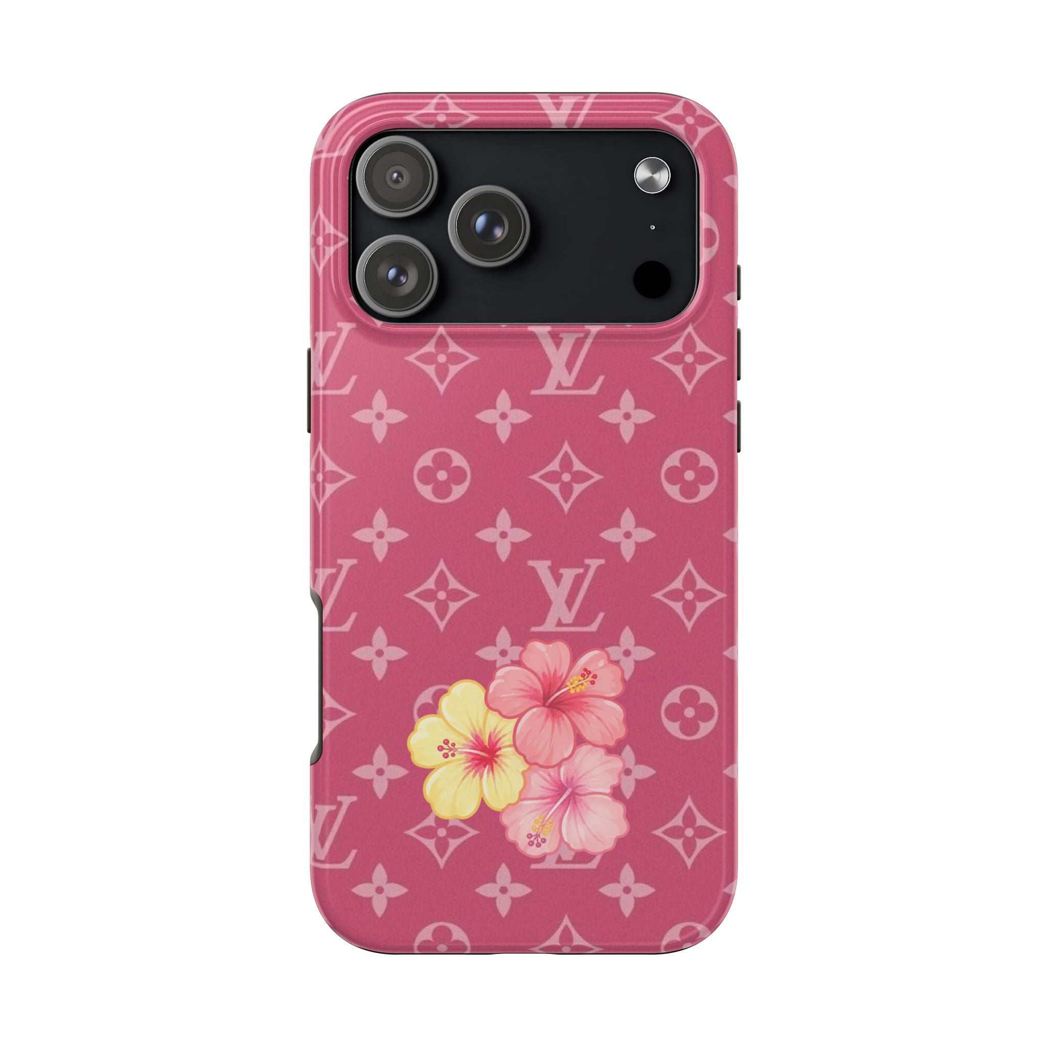 Pink LV monogram hibiscus phone case with triple camera cutouts and flower graphic