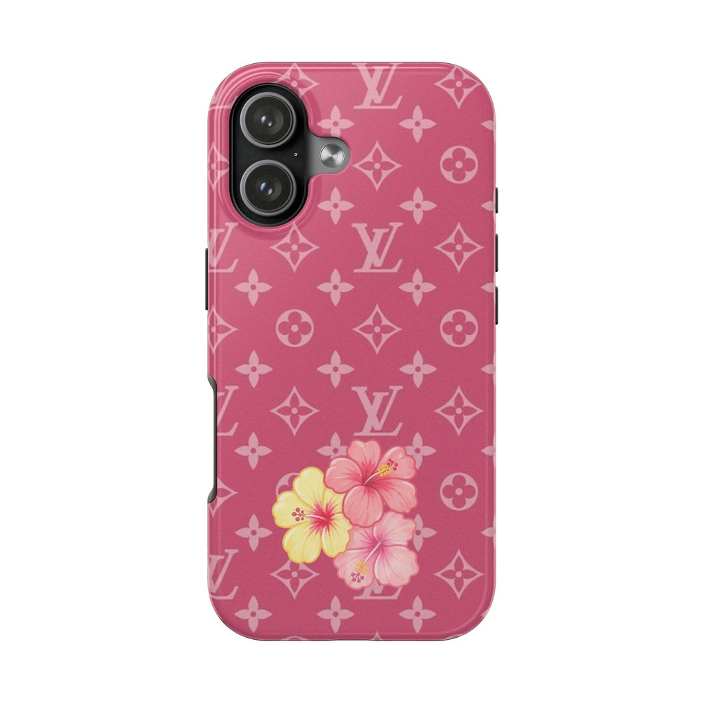 Pink LV monogram hibiscus phone case with camera and flash cutouts