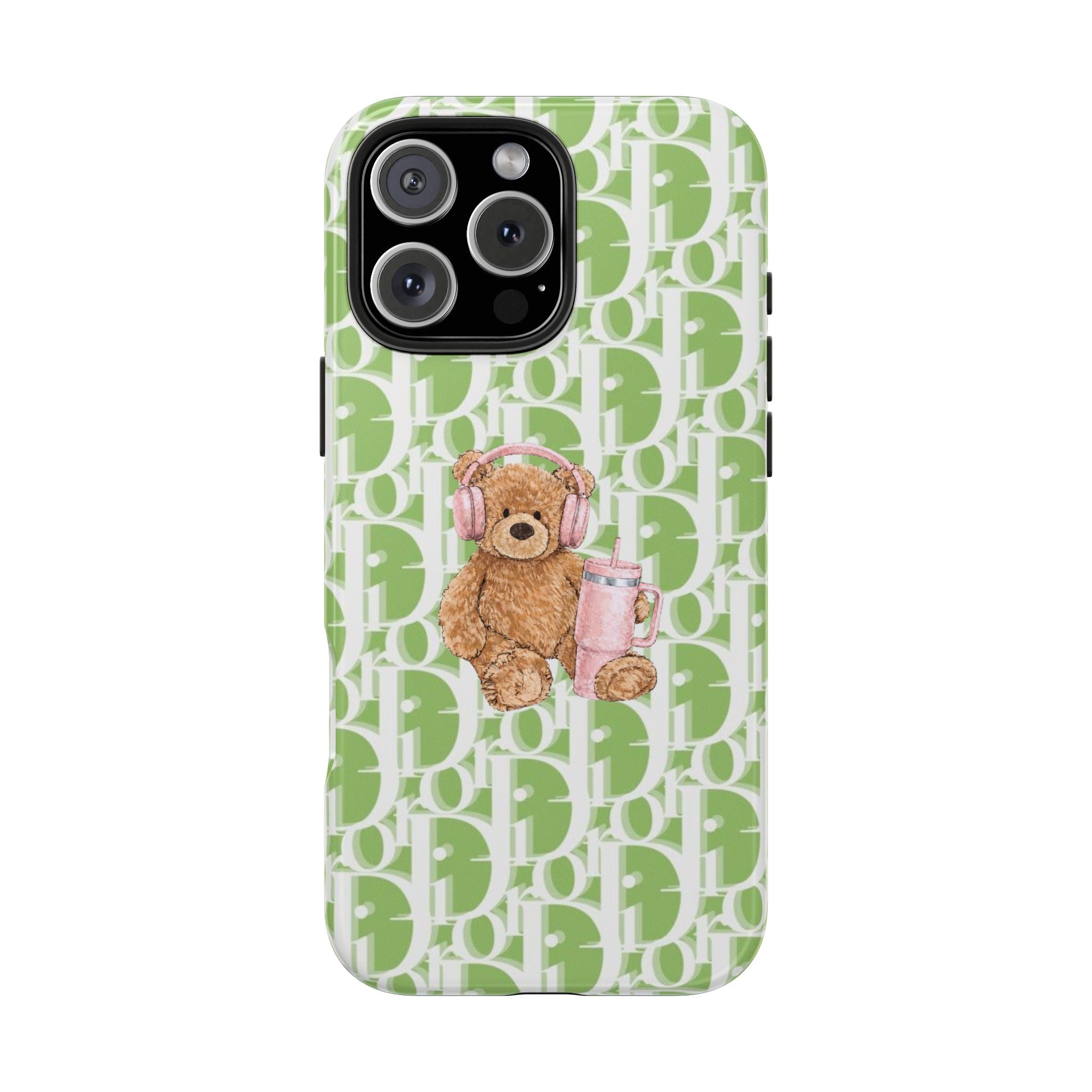 Green phone case with Dior monogram pattern and teddy bear with pink bag charm