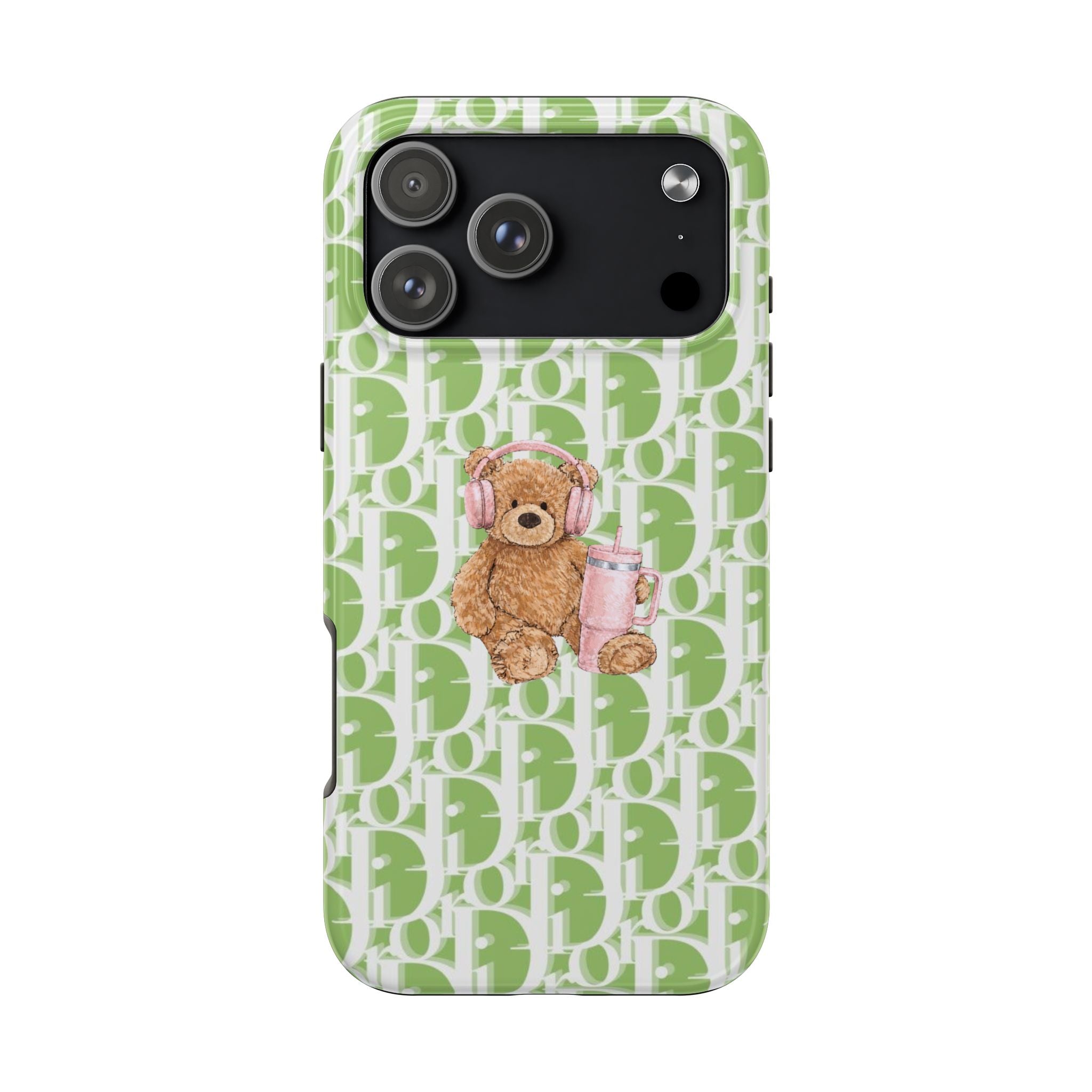 Green phone case with Dior monogram pattern and teddy bear keychain detail