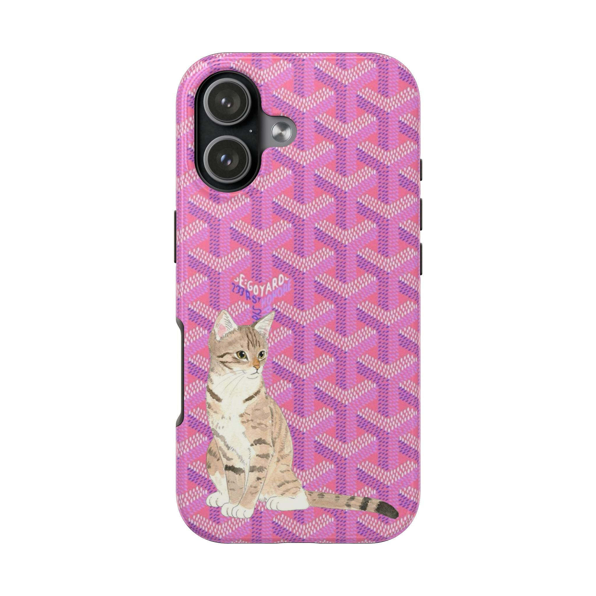 Fuchsia pink cat phone case with geometric pattern and full kitten illustration, camera cutouts