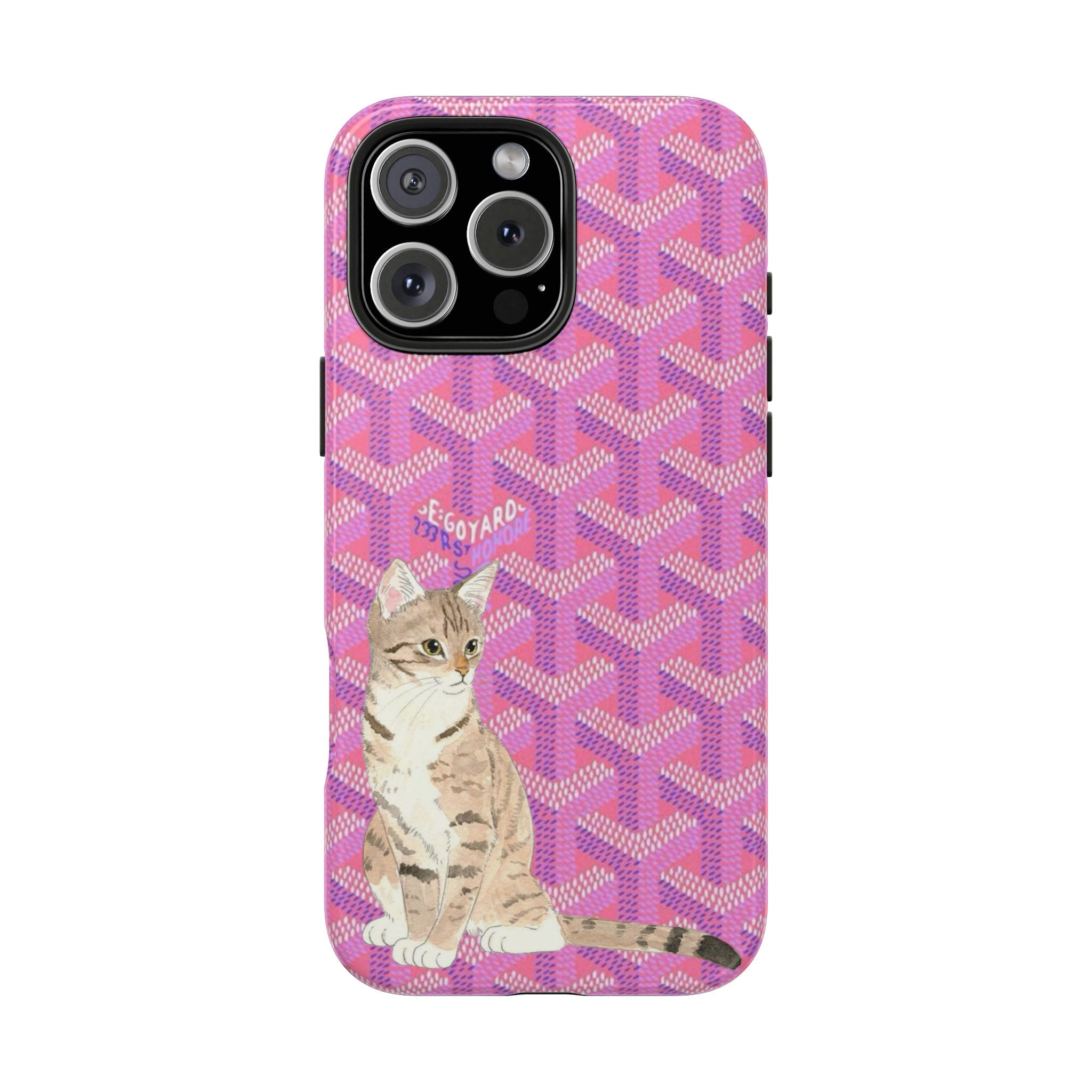 Fuchsia pink cat phone case with kitten graphic, geometric pattern, and camera cutouts