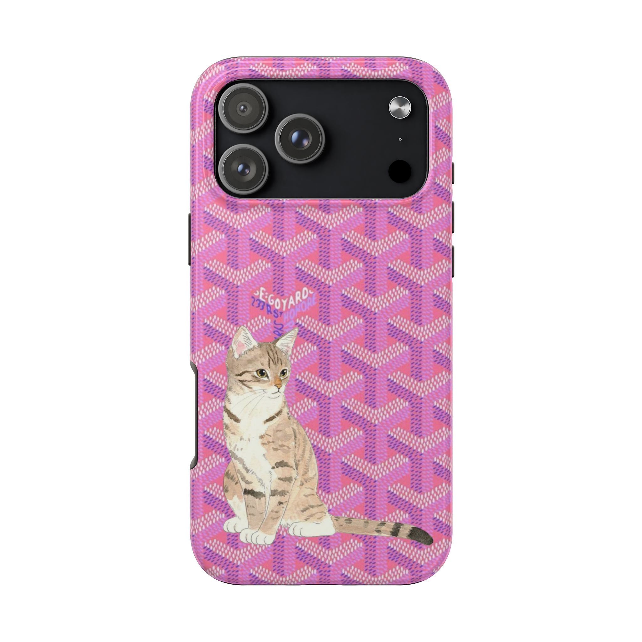 Fuchsia pink cat phone case with geometric pattern and kitten graphic, camera cutouts