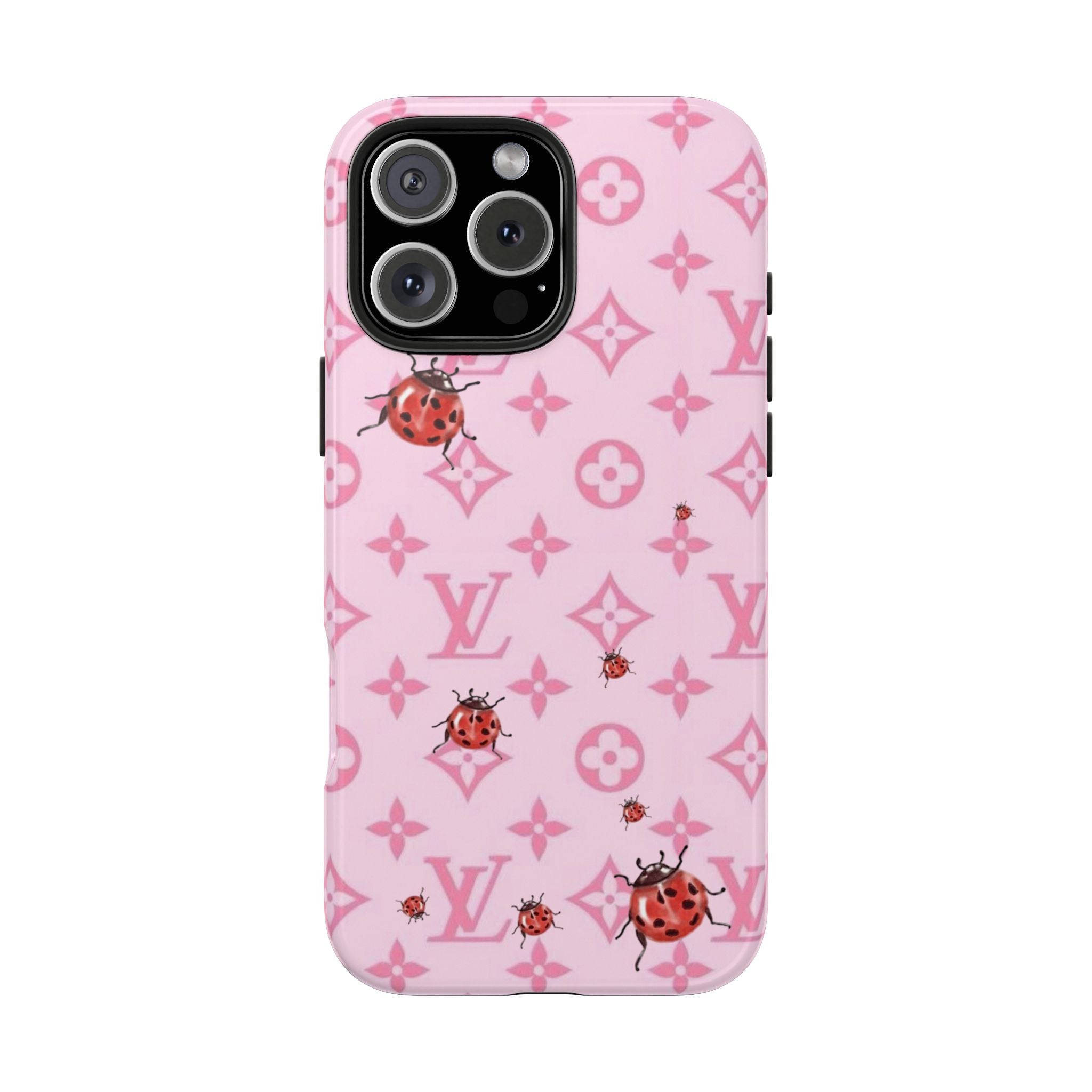 Pink phone case featuring ladybugs and LV monogram pattern with camera cutout