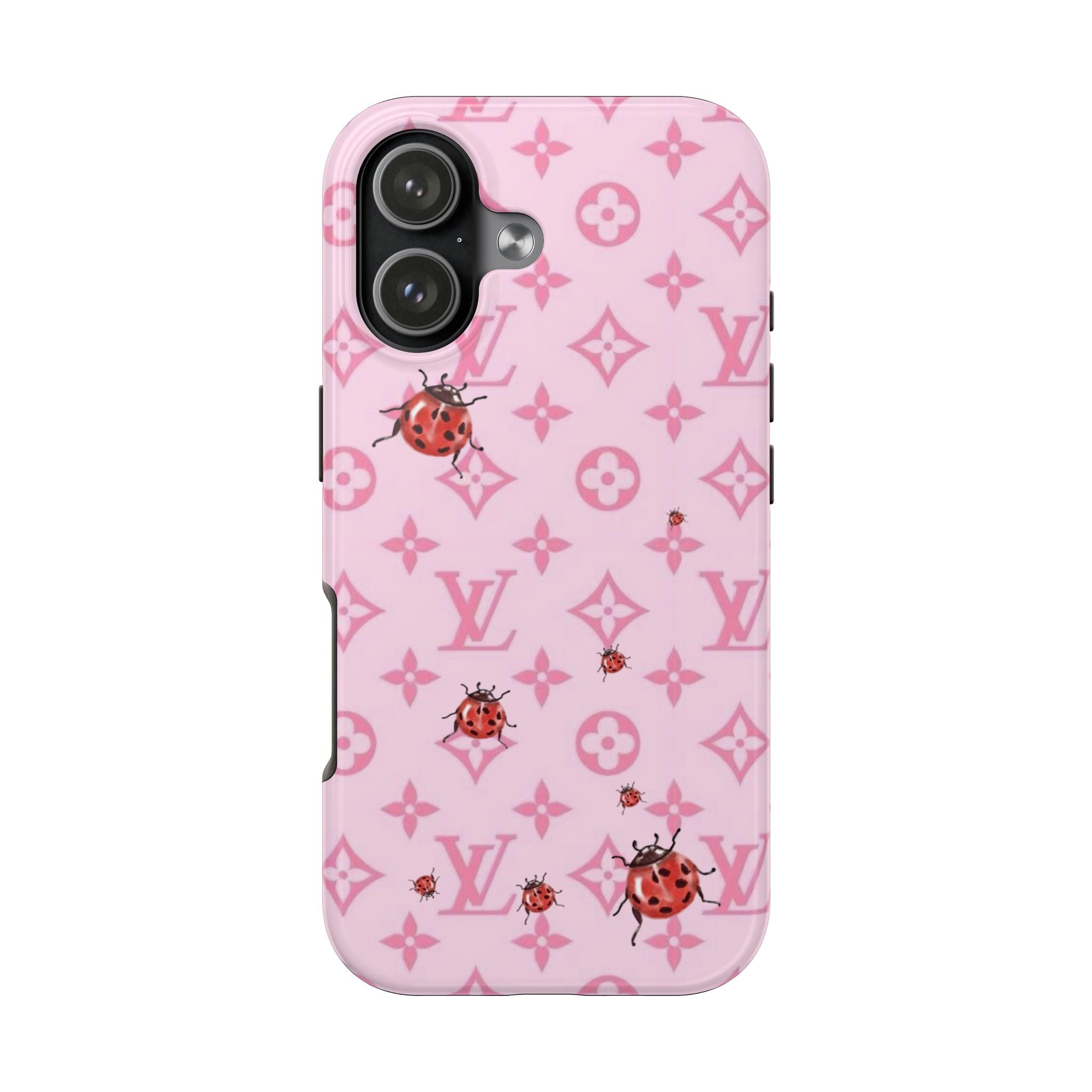 Pink smartphone case with ladybugs and LV monogram icons, raised camera area