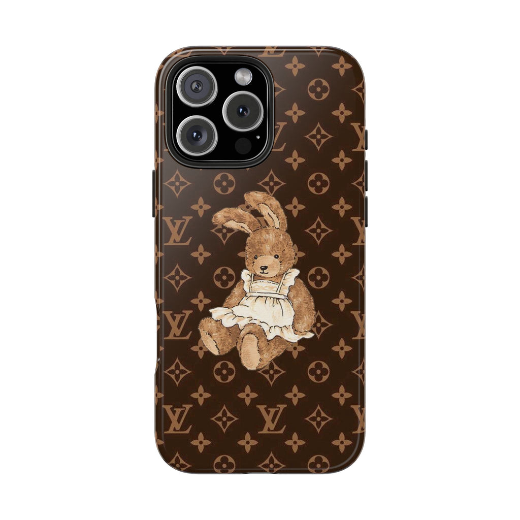 Dark brown phone case with LV monogram pattern and standing bunny illustration