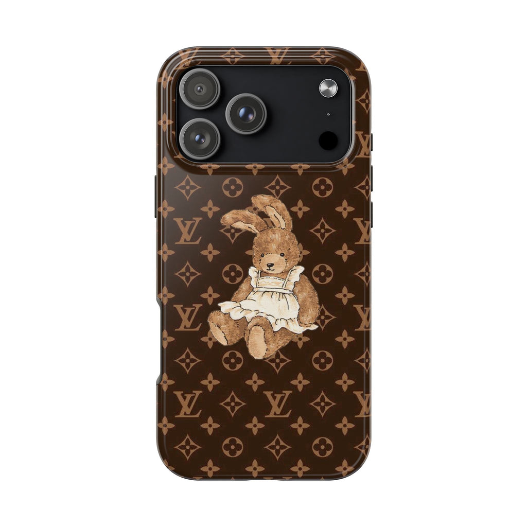 Dark brown phone case with LV monogram and bunny motif, camera cutouts