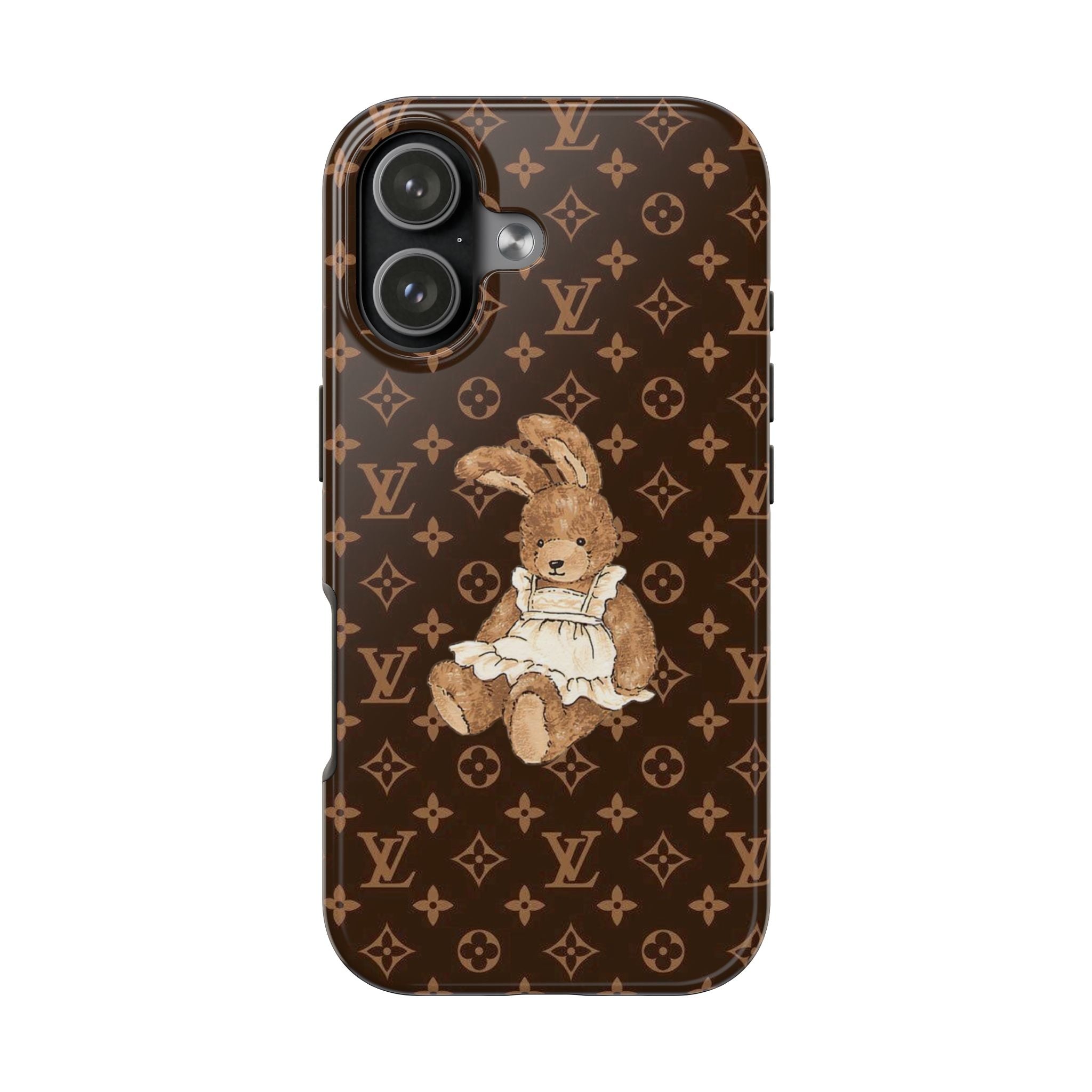 Dark brown phone case with LV monogram pattern and seated bunny graphic