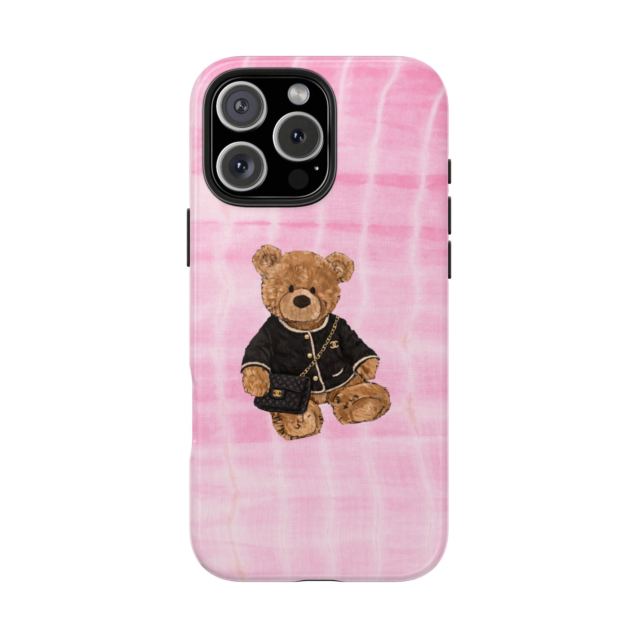 Pink shibori teddy bear phone case with bear in black outfit, camera cutouts