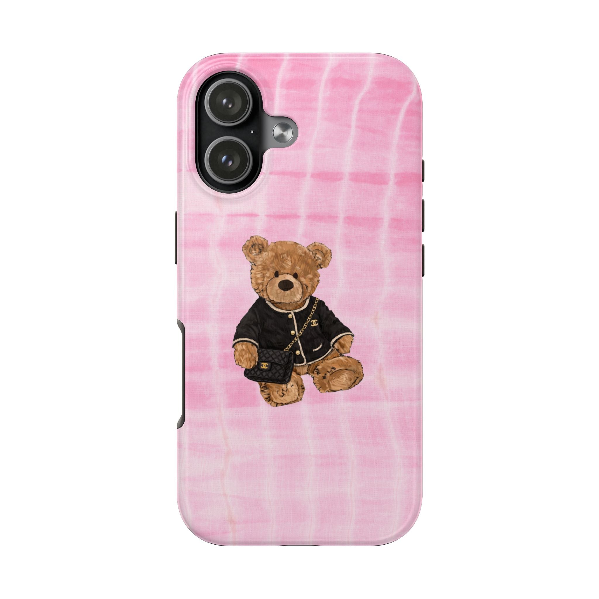 Pink shibori teddy bear phone case with bear in black outfit, side button openings