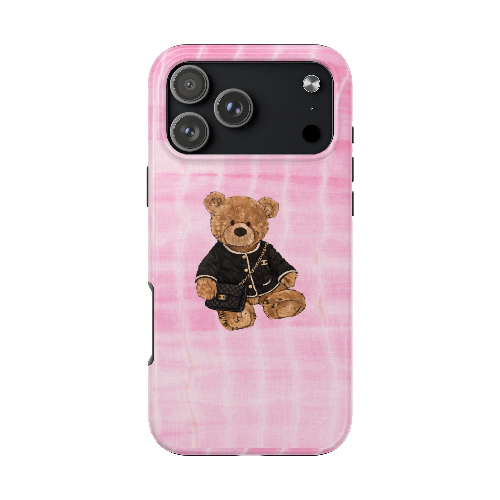 Pink shibori teddy bear phone case with bear in black outfit, camera lens cutouts