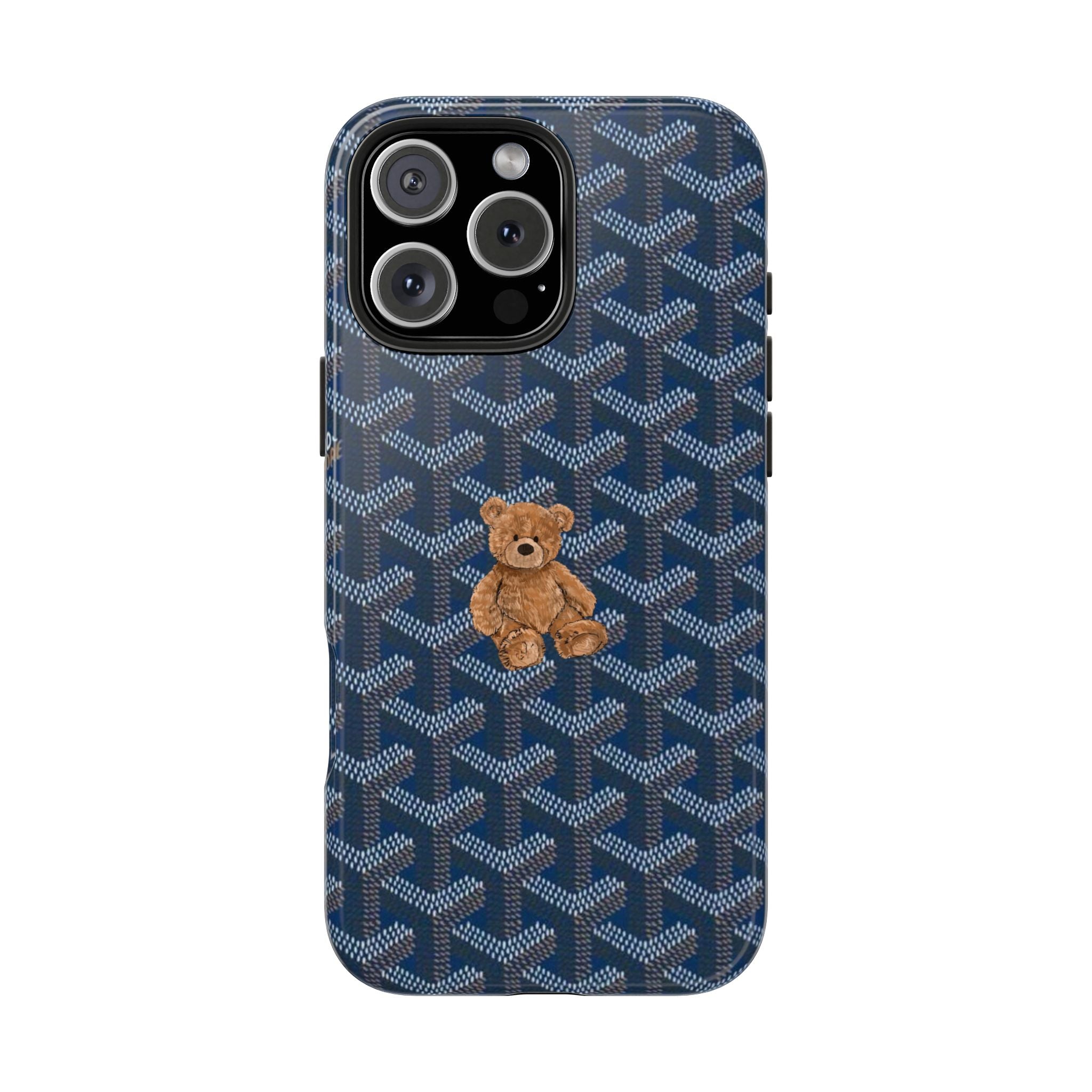 Goyard teddy bear phone case with blue Goyard pattern and tan teddy on back