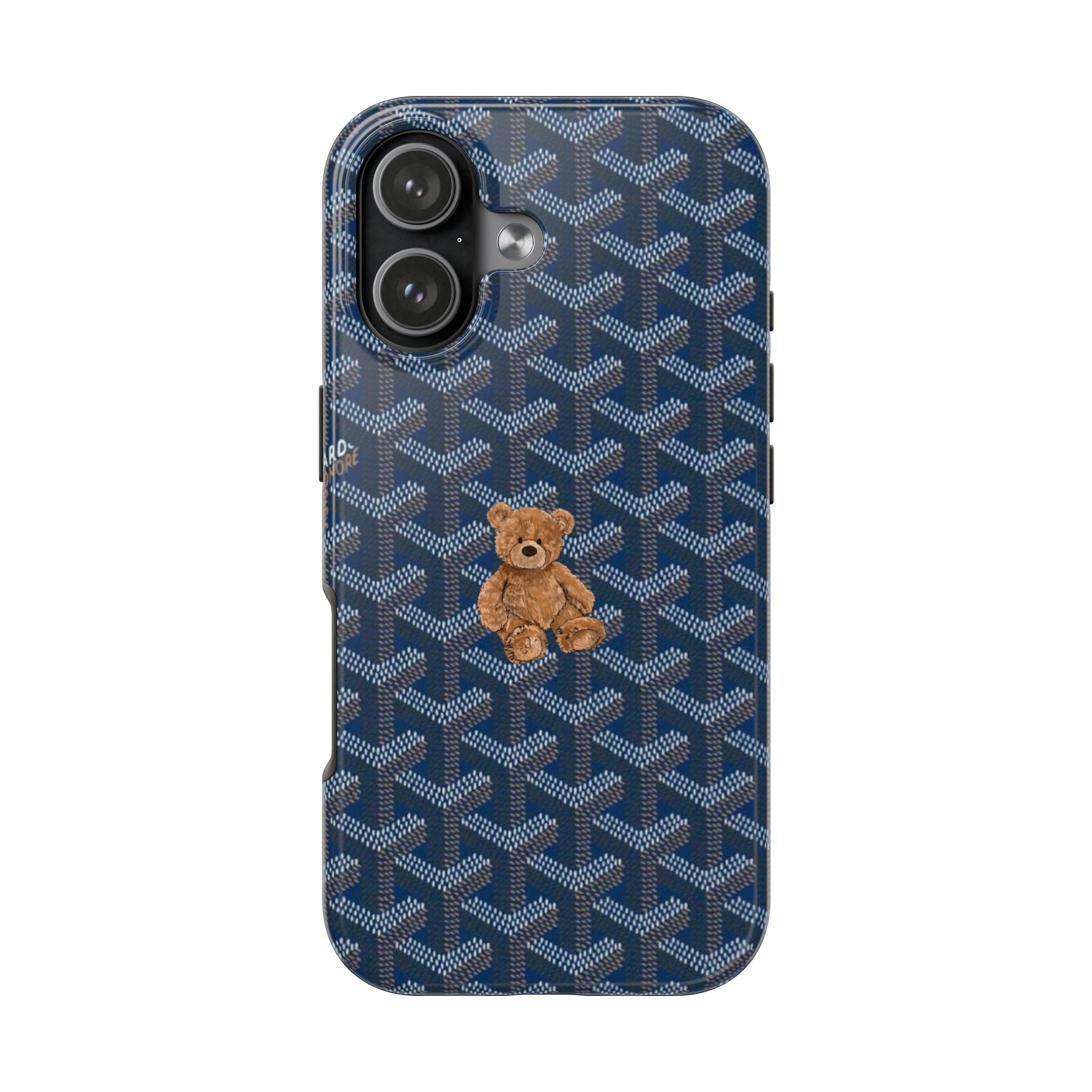 Goyard teddy bear phone case in blue with tan teddy on patterned back