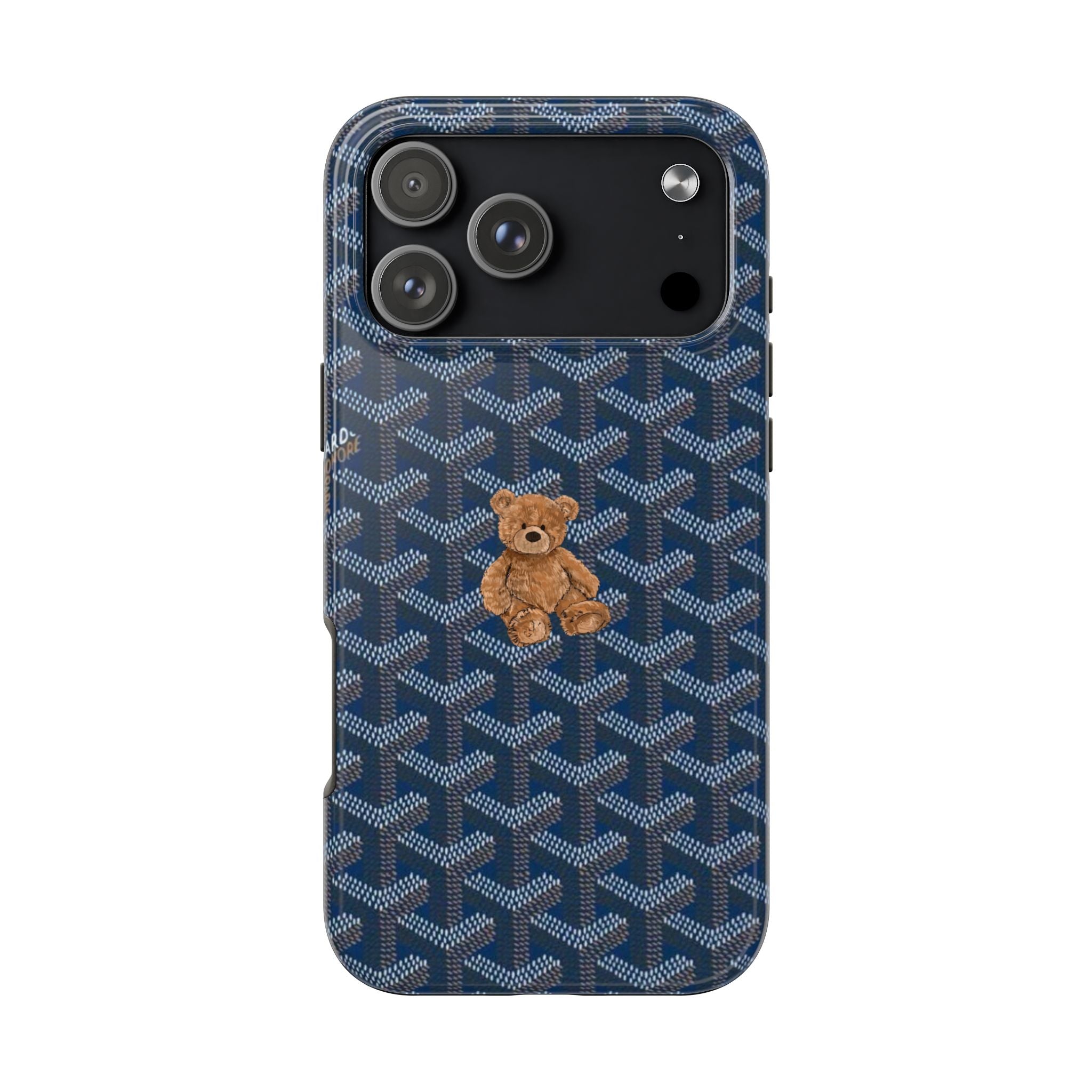 Goyard teddy bear phone case, steel blue patterned with tan bear on back