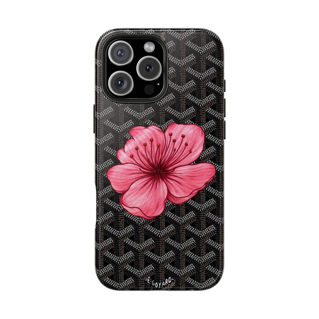 Black phone case with Goyard monogram and pink hibiscus flower